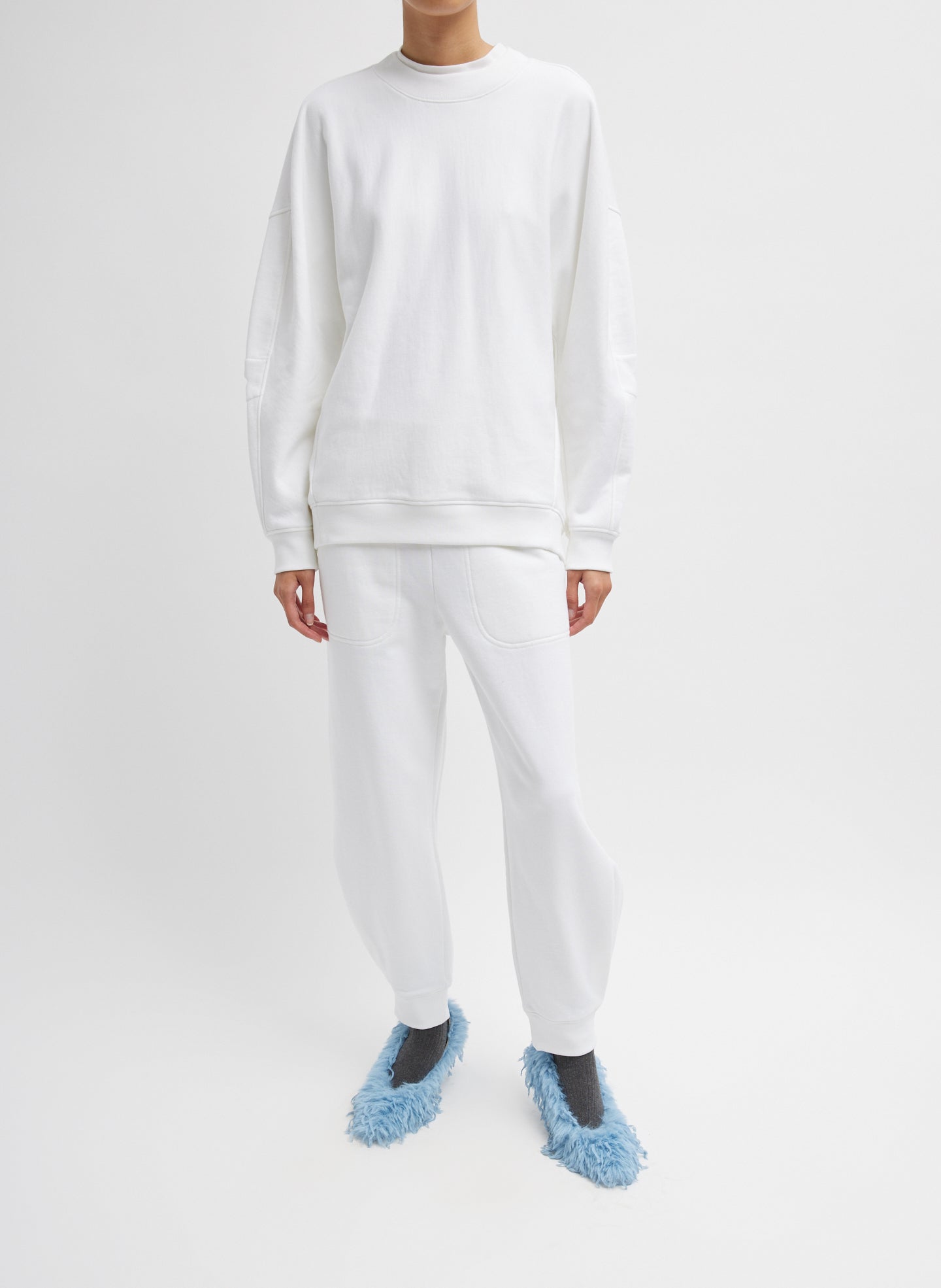 White Cocoon Crewneck Sweatshirt - full look, front view on model