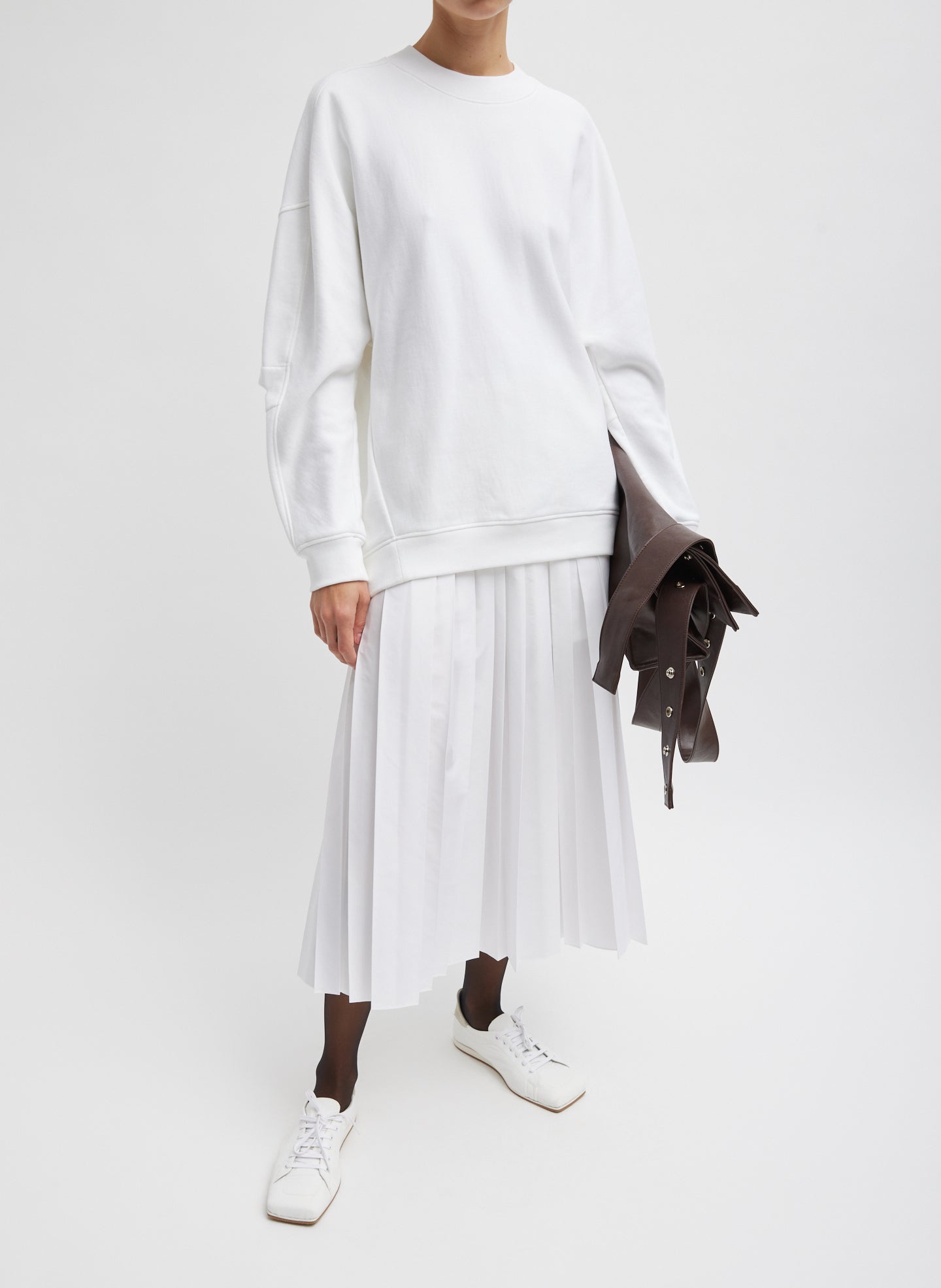 White Cocoon Crewneck Sweatshirt - full look, front view on model