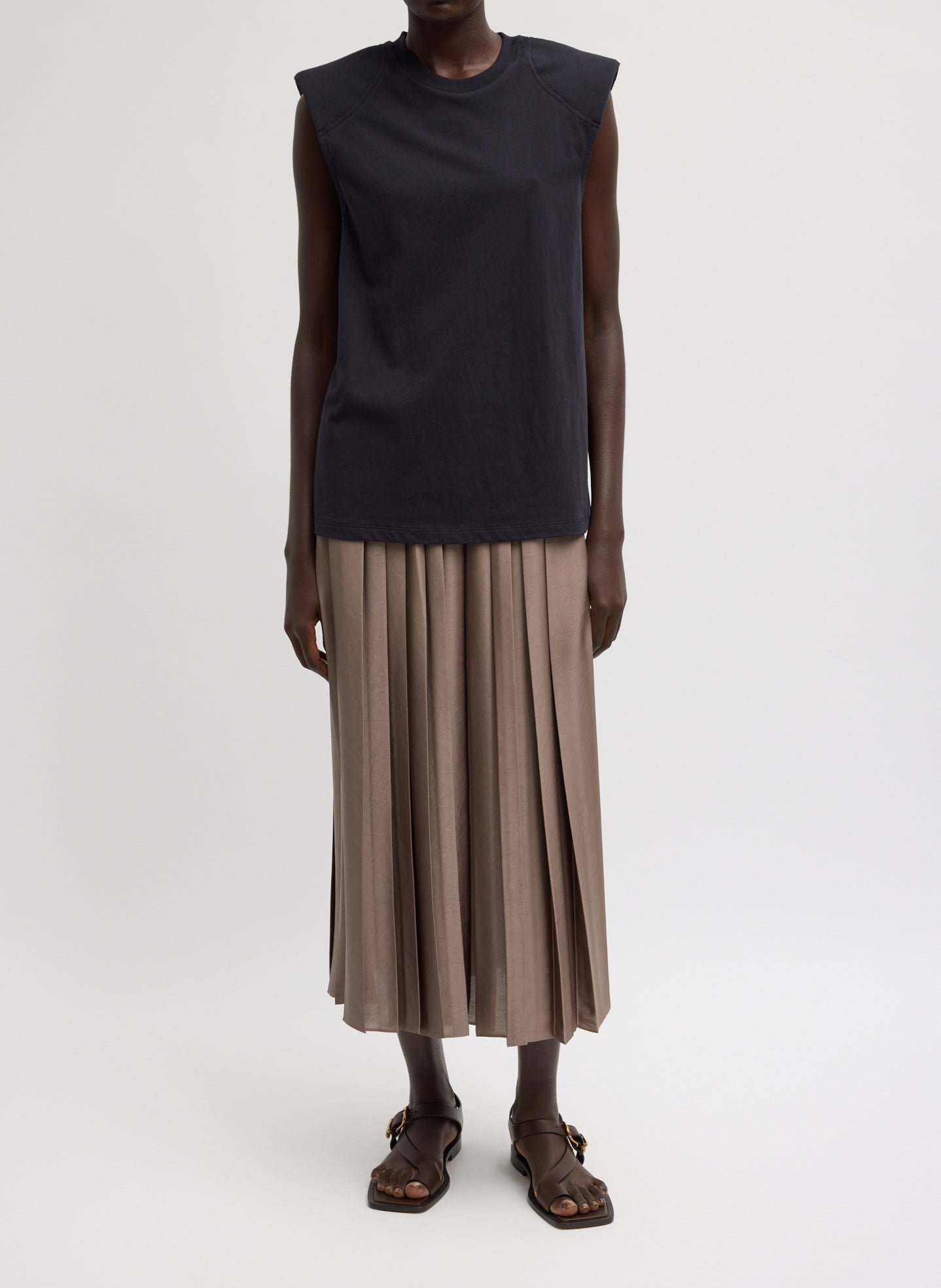 Dark Navy T-Shirt Program Padded Shoulder Sleeveless Top - full look, front view on model