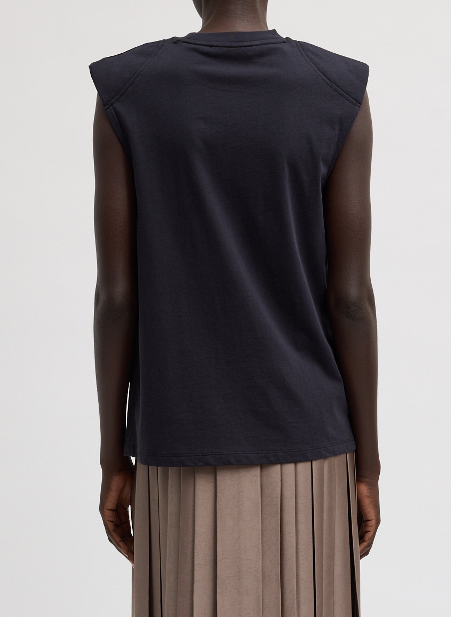 Dark Navy T-Shirt Program Padded Shoulder Sleeveless Top - back view on model