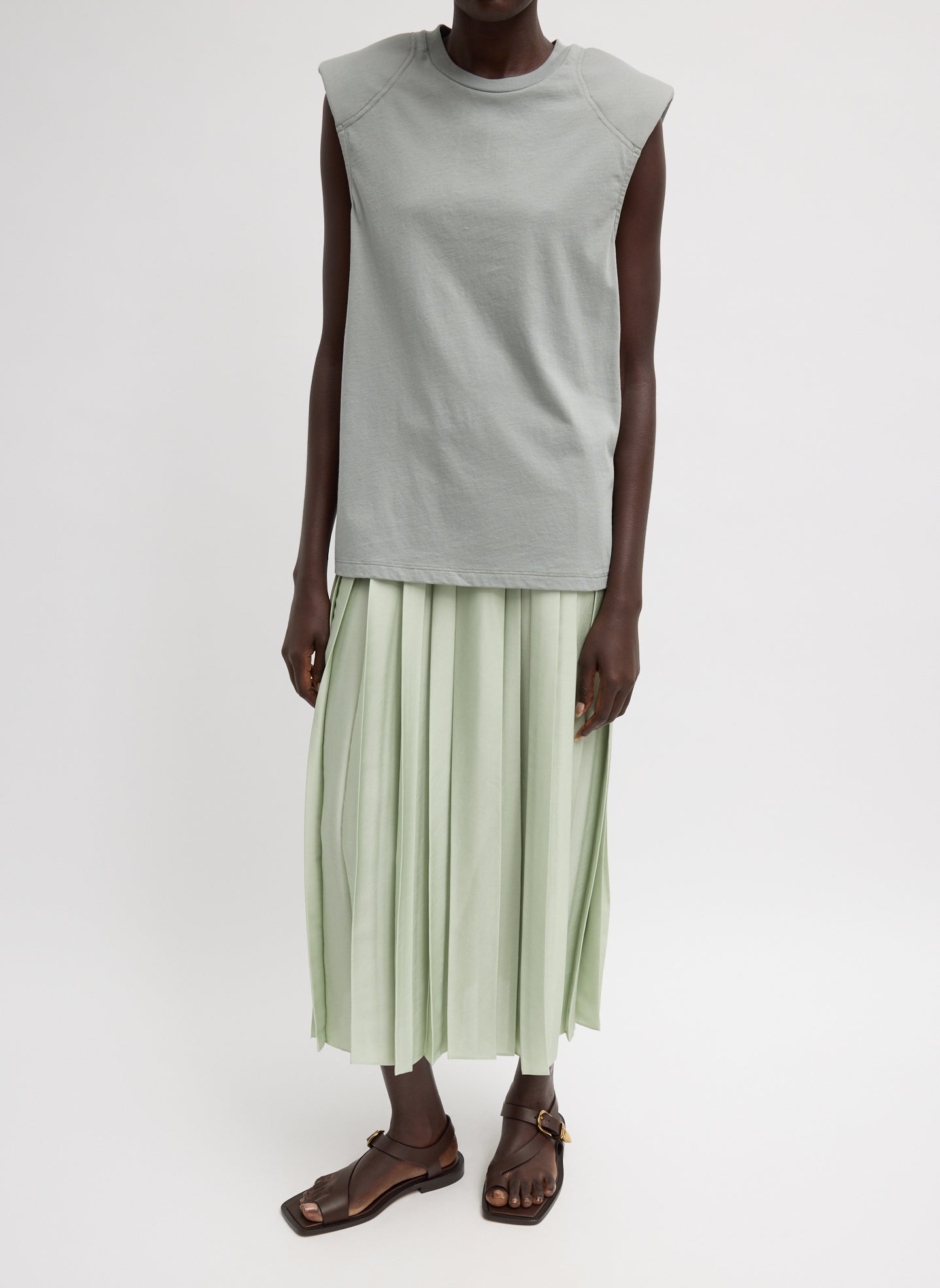 Pumice Grey T-Shirt Program Padded Shoulder Sleeveless Top - full look, front view on model