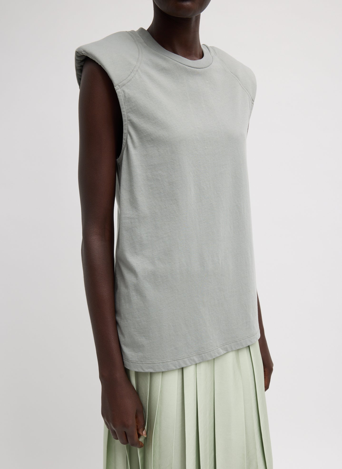 Pumice Grey T-Shirt Program Padded Shoulder Sleeveless Top - front view on model