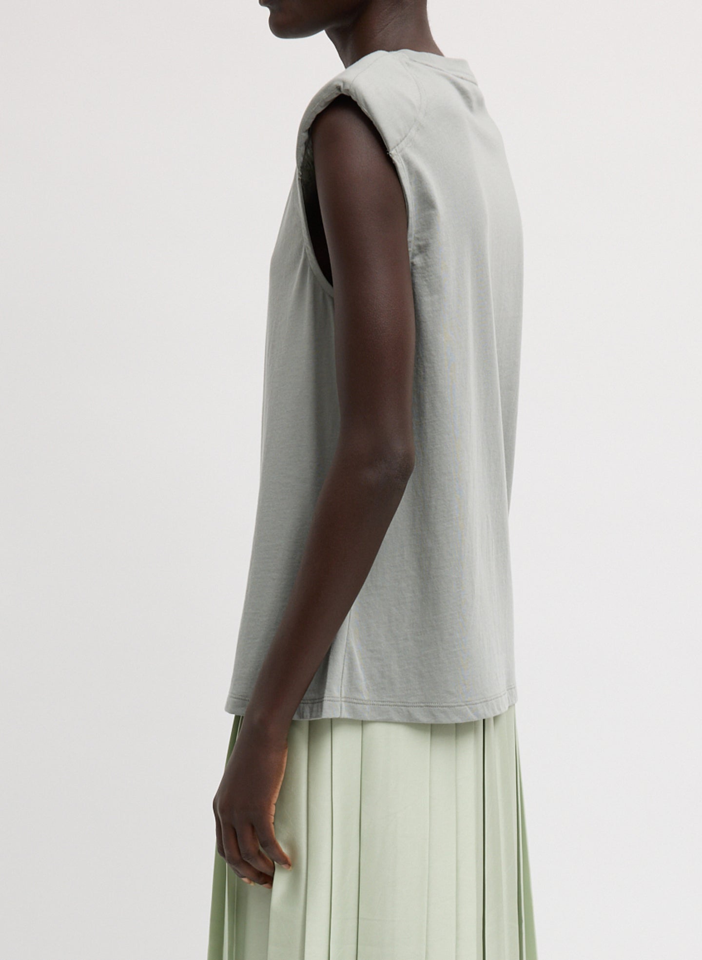 Pumice Grey T-Shirt Program Padded Shoulder Sleeveless Top - side view on model