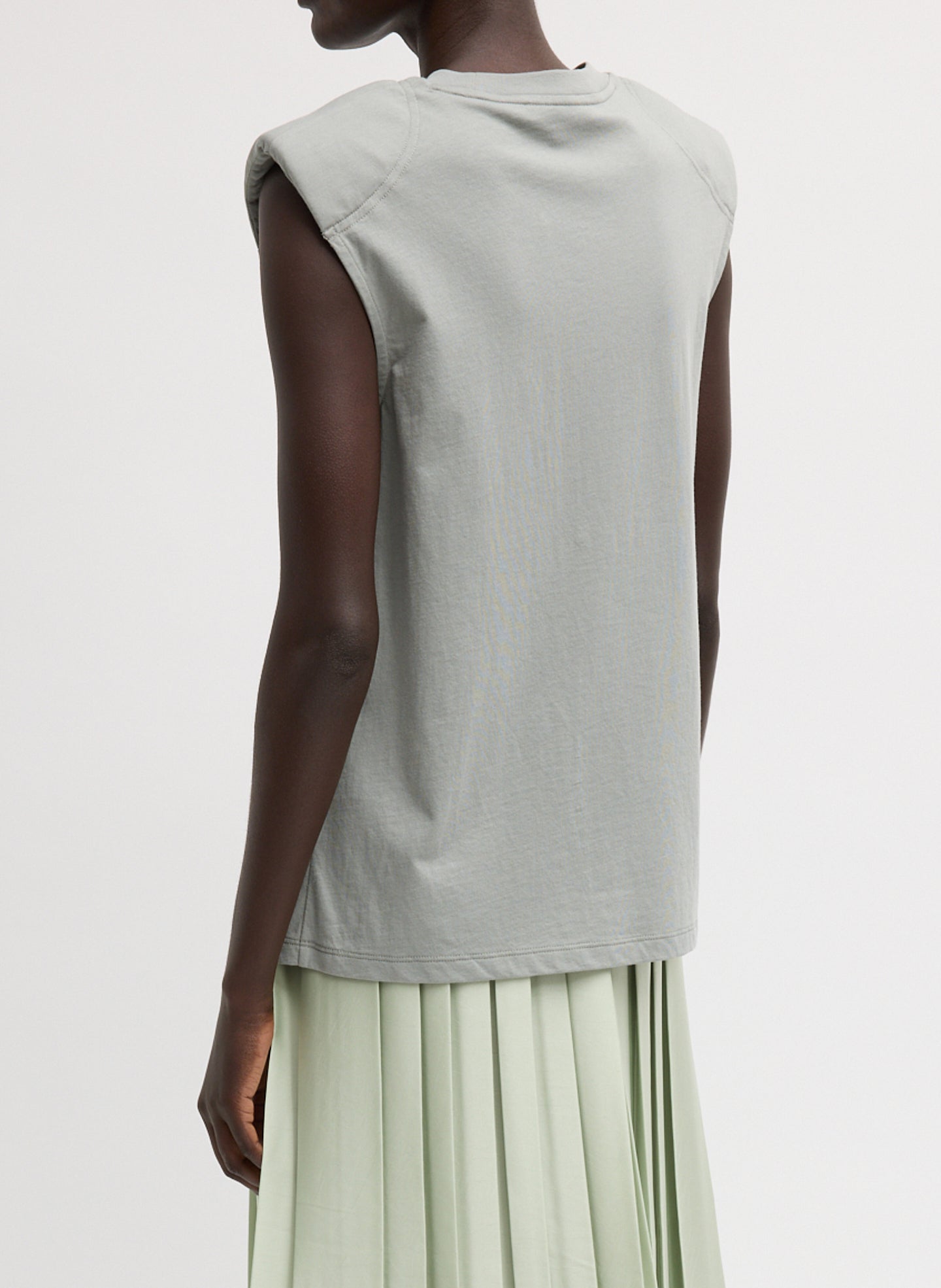 Pumice Grey T-Shirt Program Padded Shoulder Sleeveless Top - back view on model