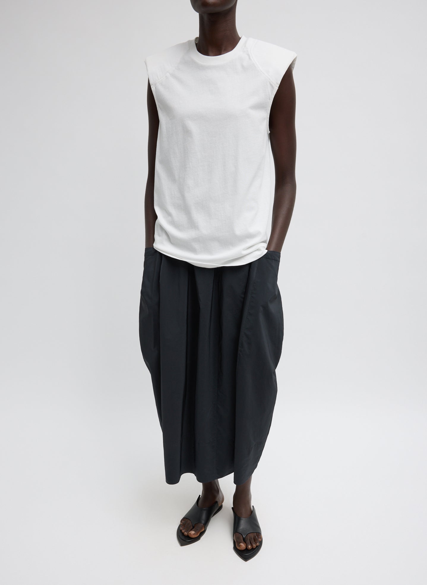 White T-Shirt Program Padded Shoulder Sleeveless Top - full look, front view on model