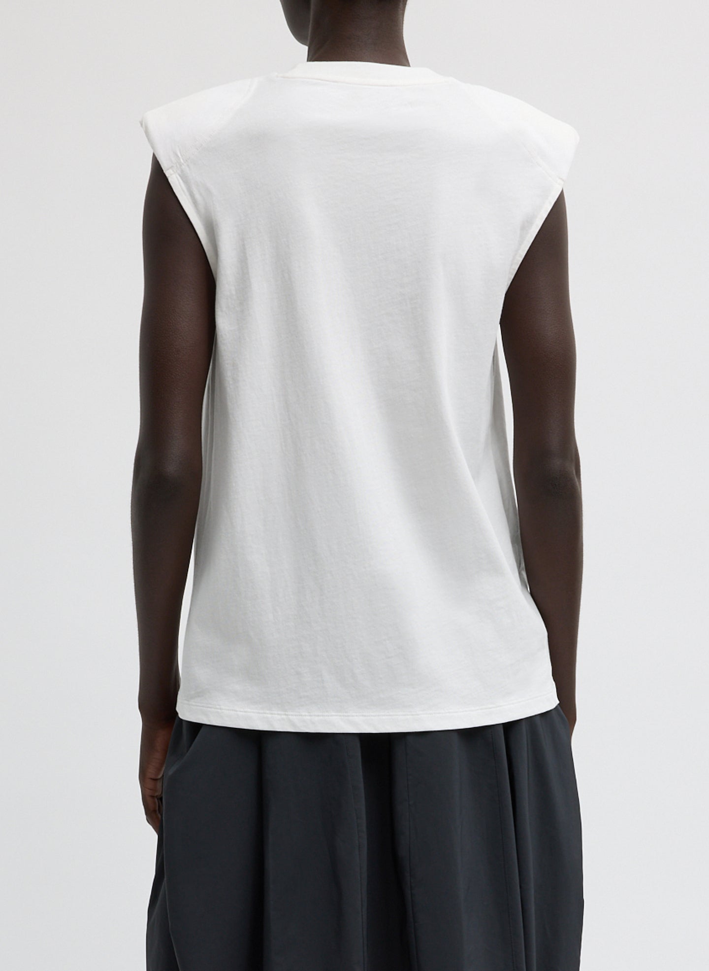 White T-Shirt Program Padded Shoulder Sleeveless Top - back view on model