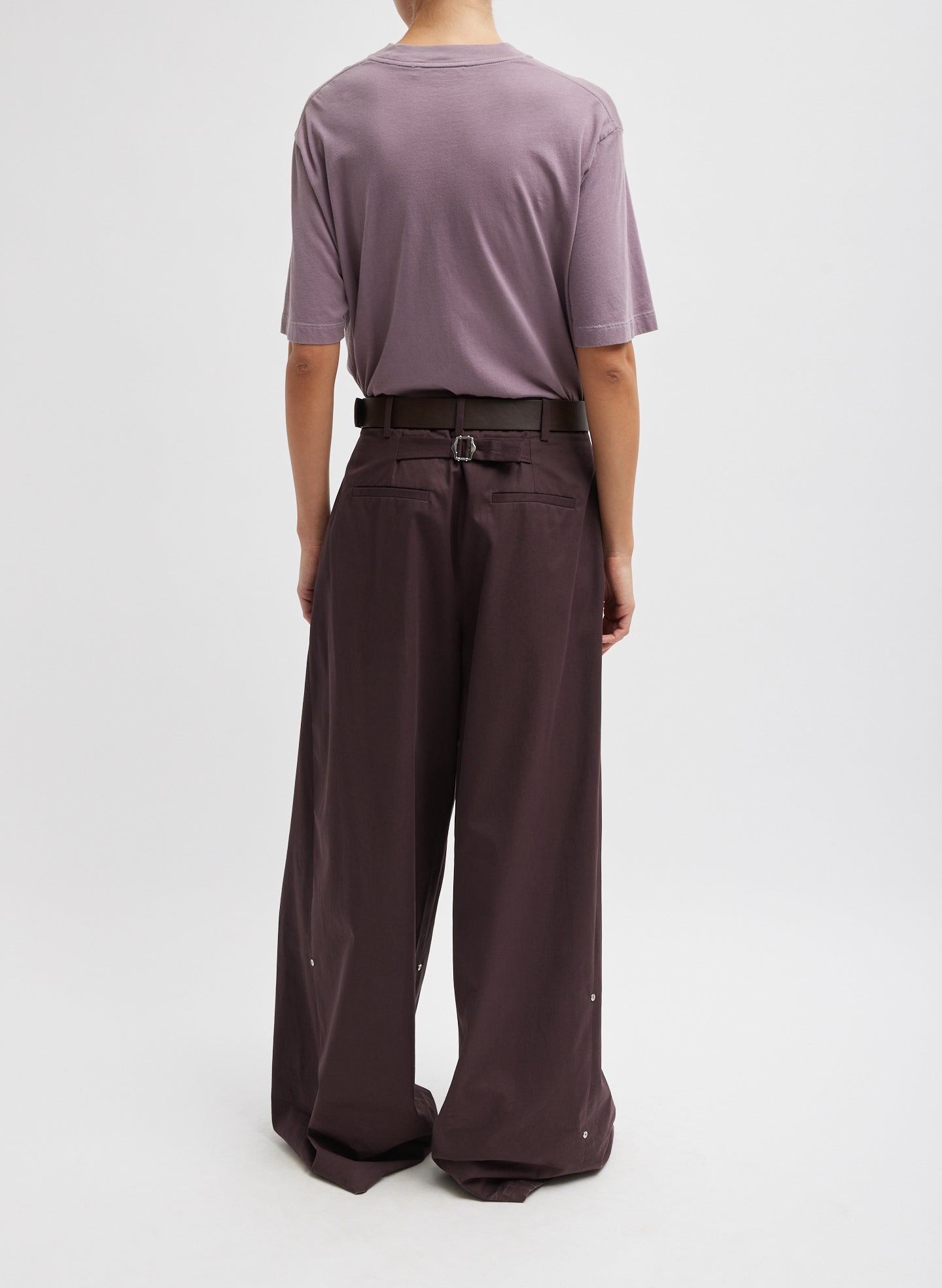 Plum Pink Purple Mock Neck Unisex T-Shirt - full look, back view on model