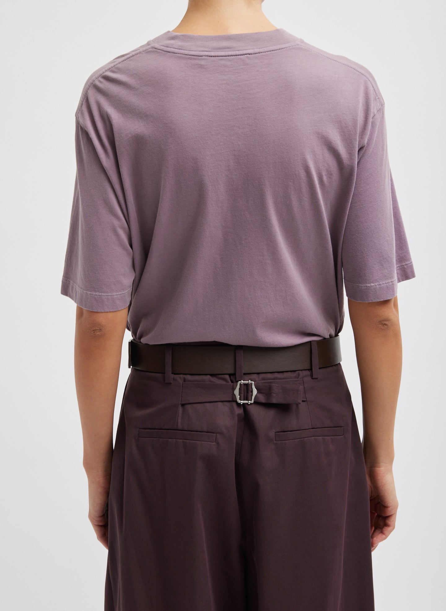 Plum Pink Purple Mock Neck Unisex T-Shirt - oversized fit, back view on model