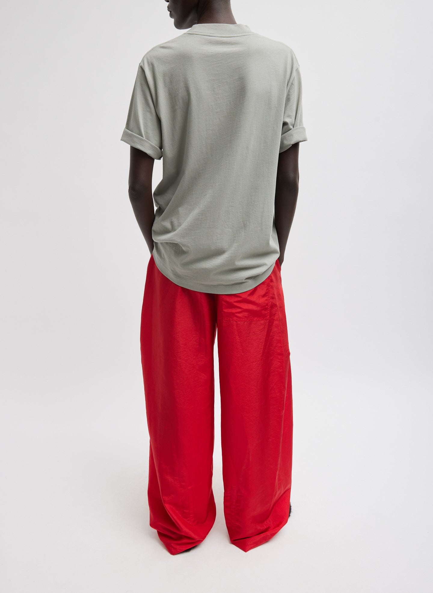 Pumice Grey Mock Neck Unisex T-Shirt - full look, back view on model