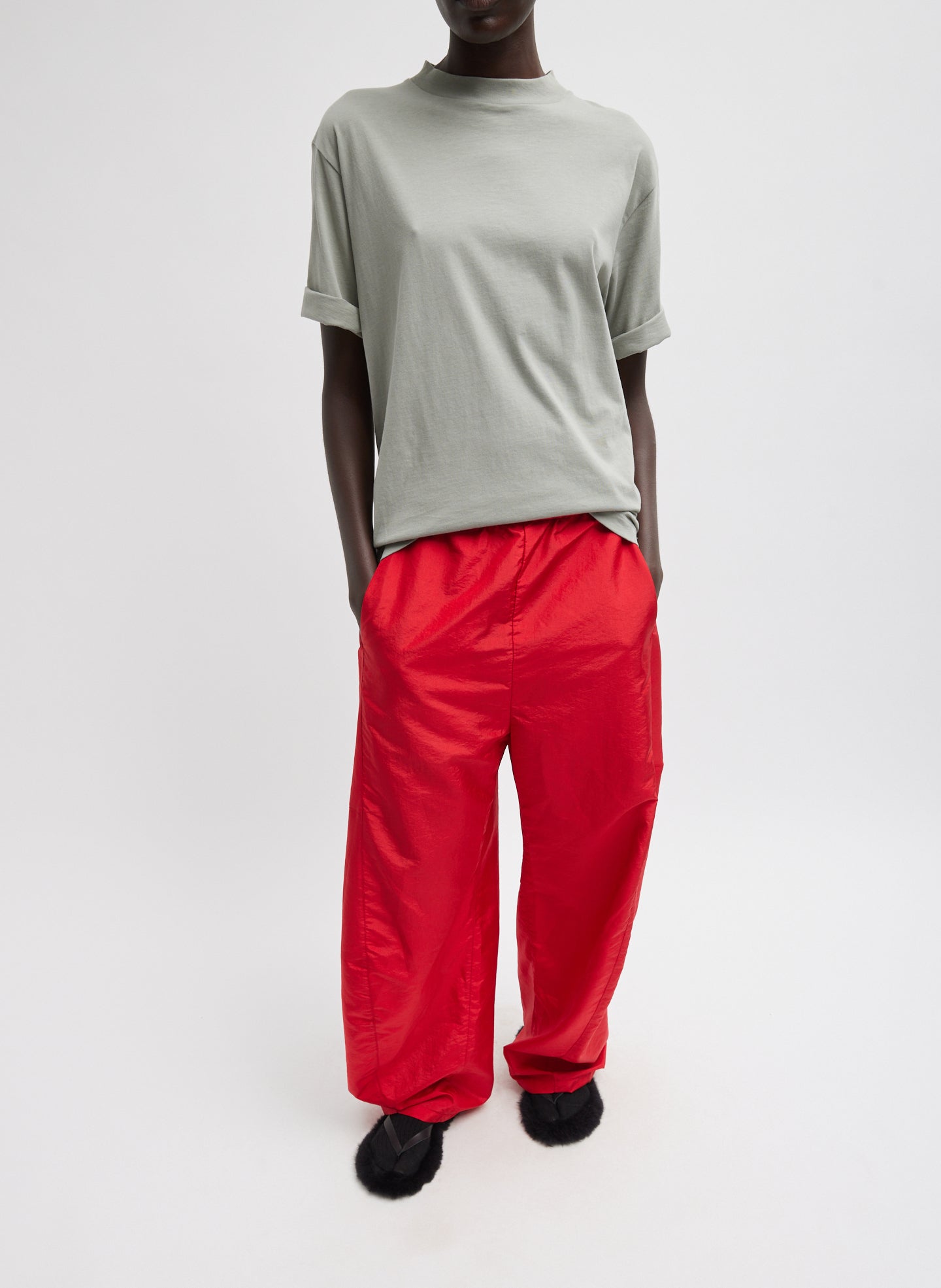 Pumice Grey Mock Neck Unisex T-Shirt - full look, front view on model