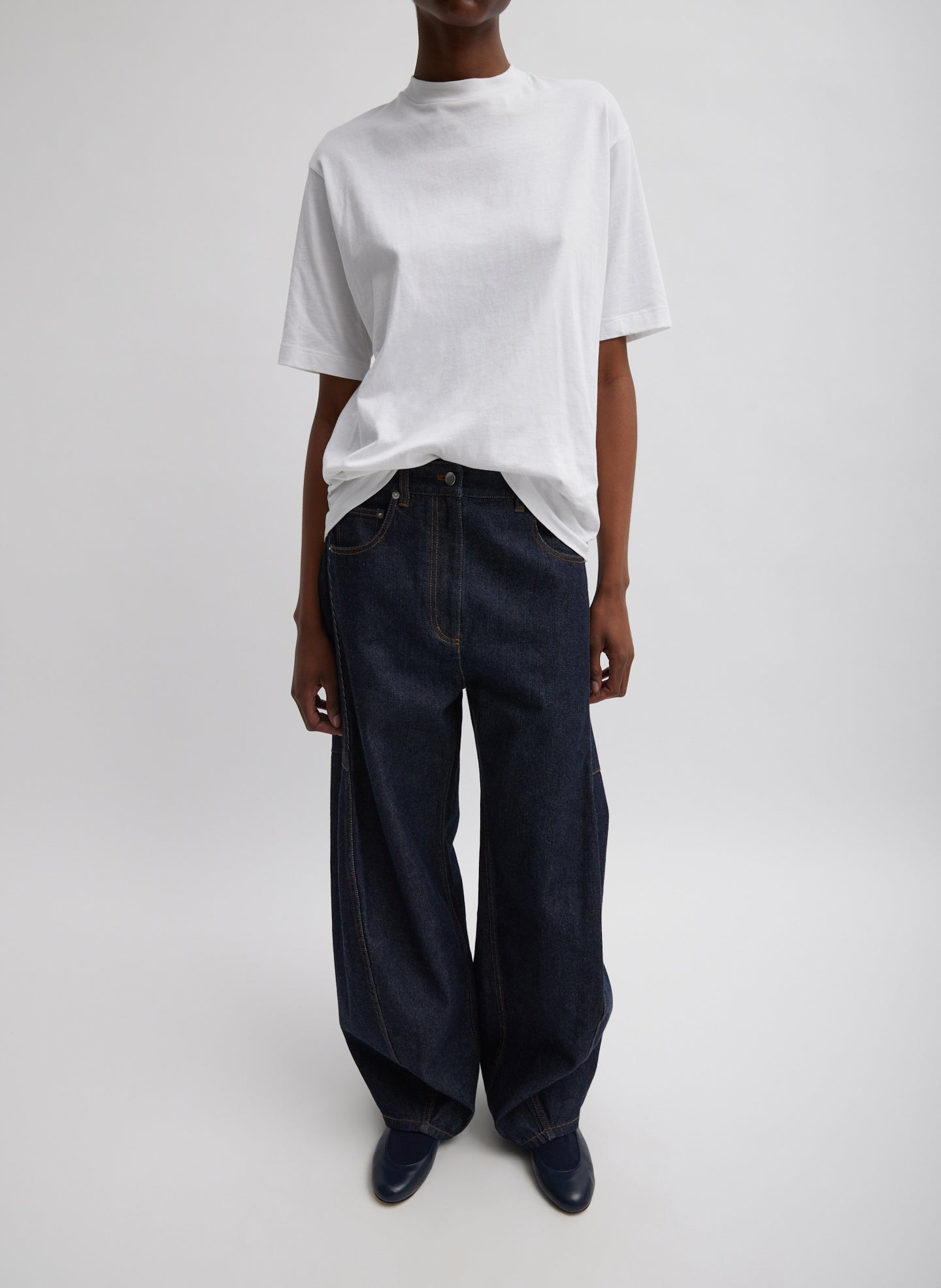 White Mock Neck Unisex T-Shirt - full look, front view on model