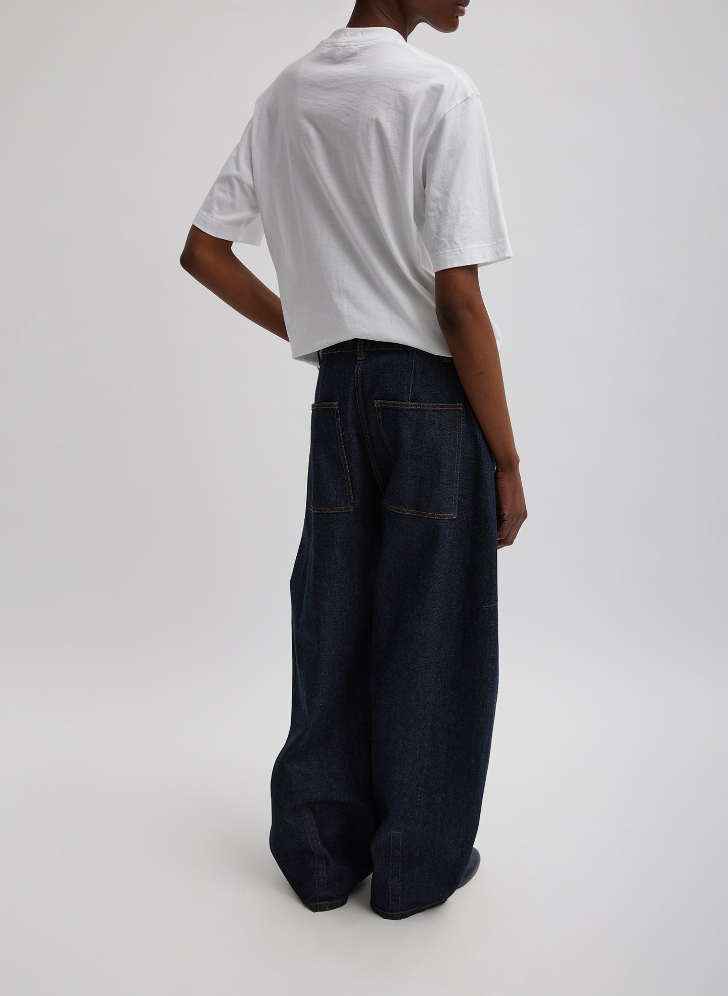 White Mock Neck Unisex T-Shirt - full look, back view on model