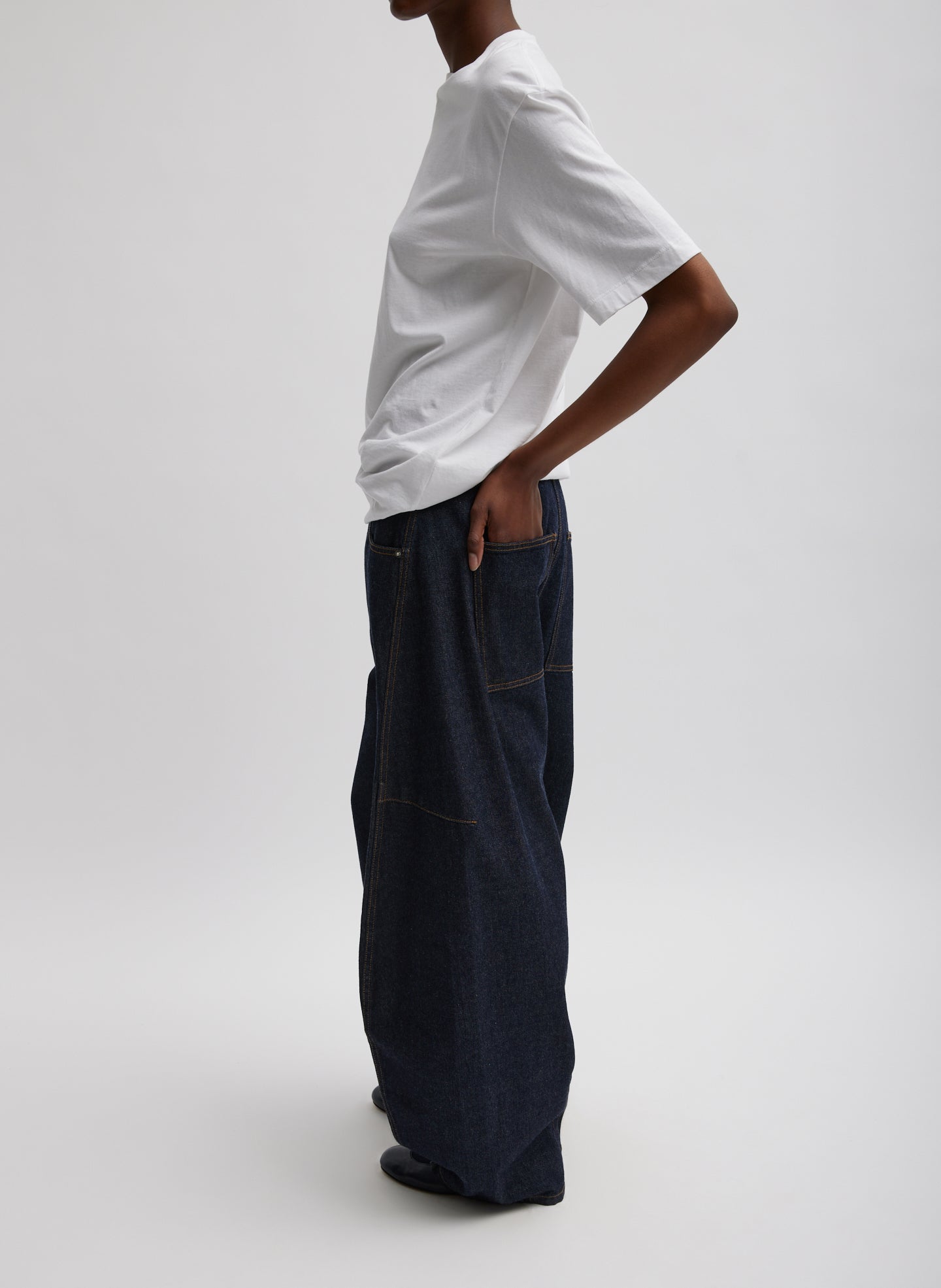White Mock Neck Unisex T-Shirt - full look, side view on model
