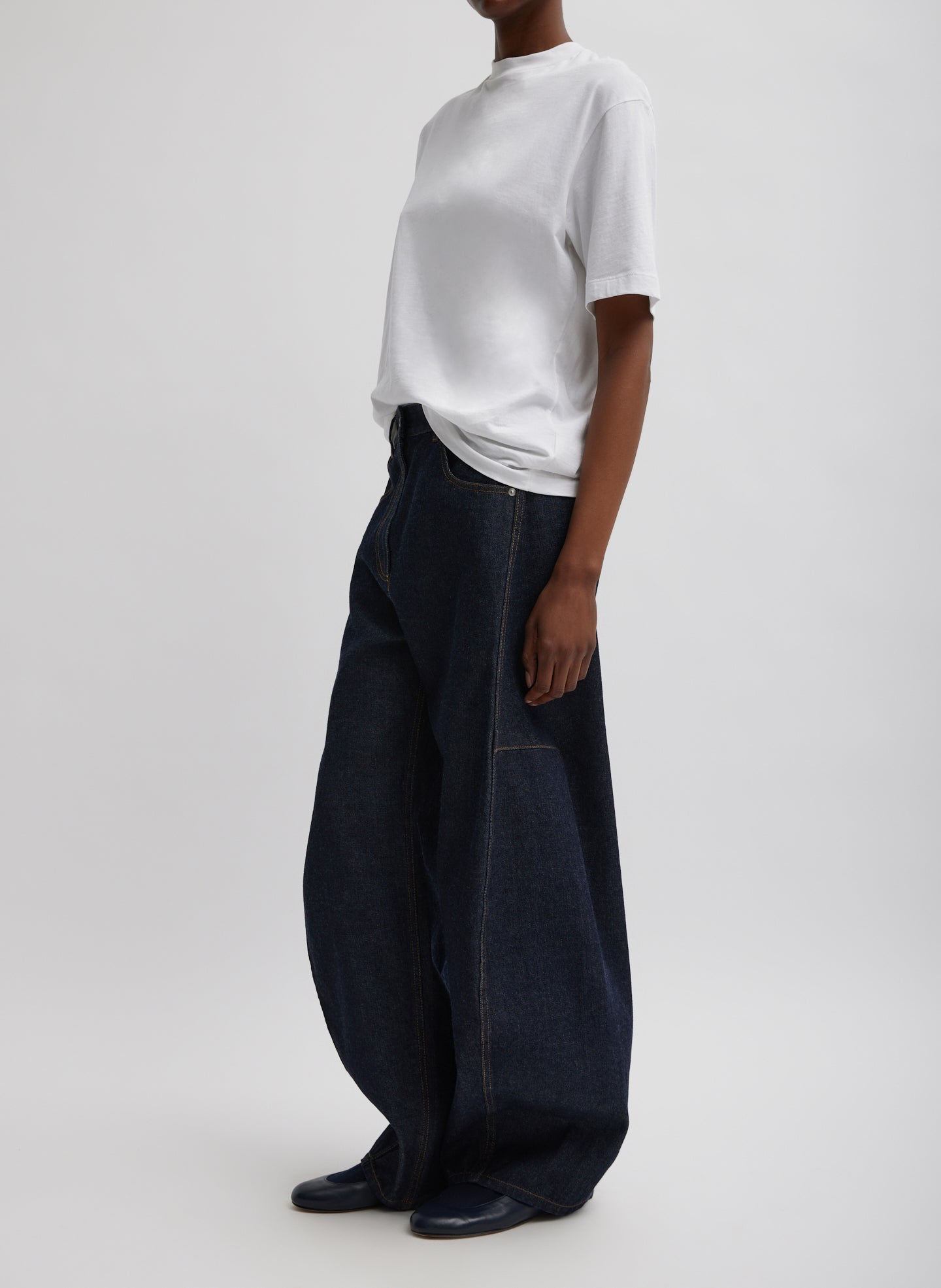 White Mock Neck Unisex T-Shirt - full look, side view on model