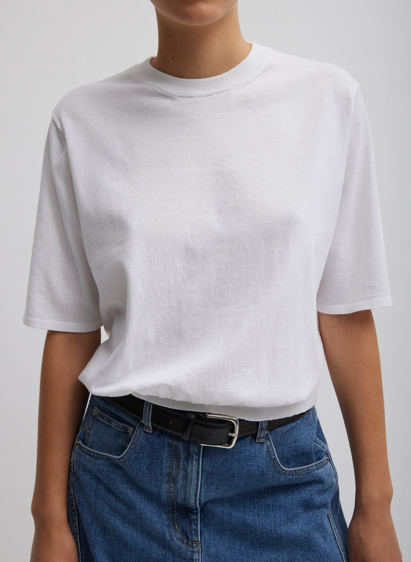 White Super Fine Gauge Perfect Short Sleeve Men's Pullover - crewneck t-shirt, front view on model