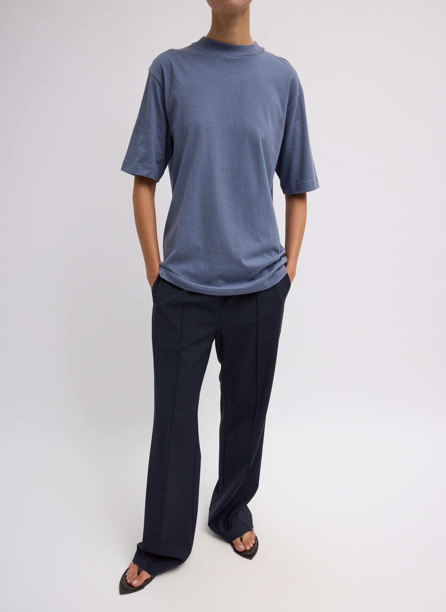 Dusty Navy Mock Neck Unisex T-Shirt - full look, front view on model