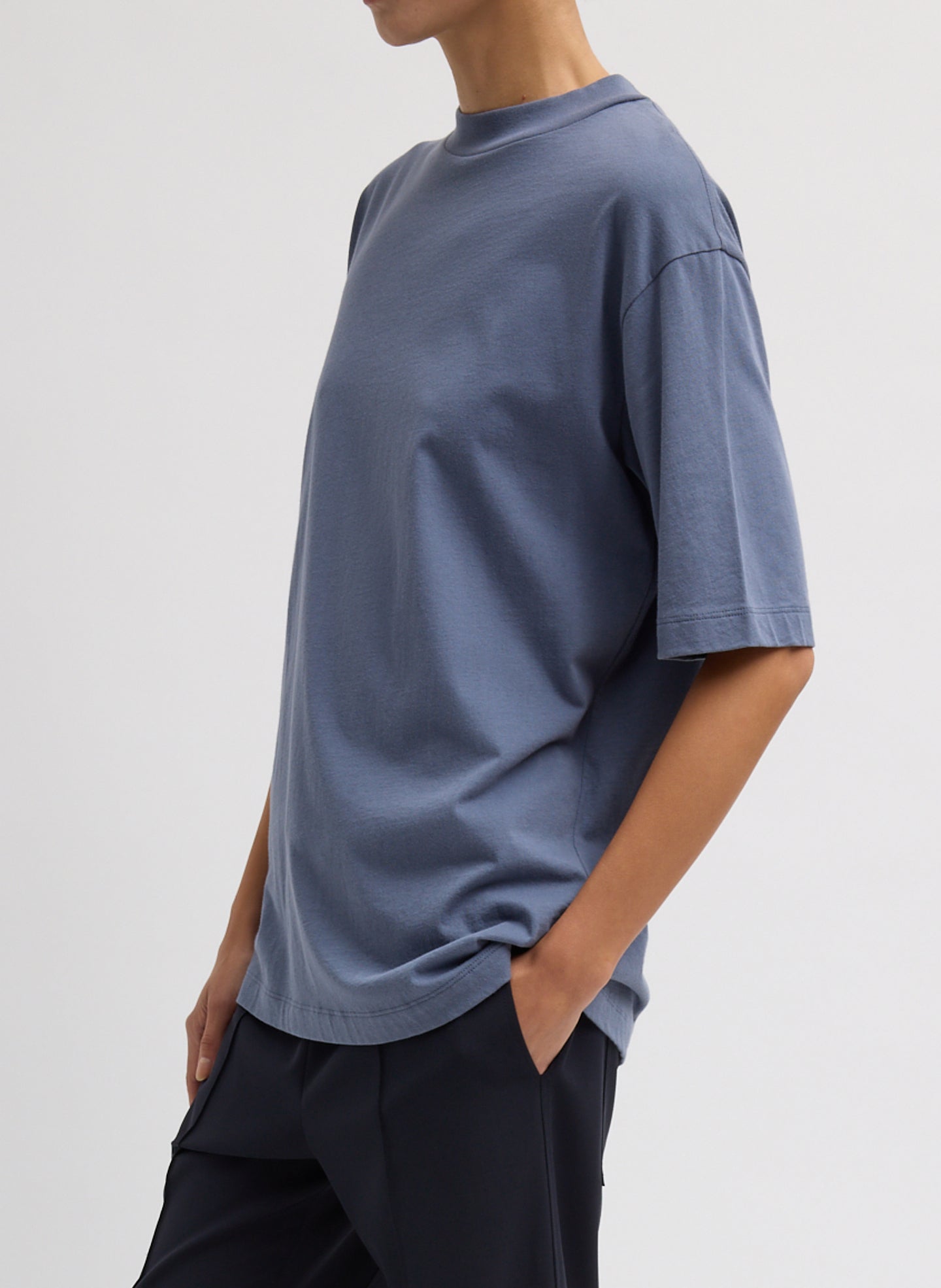 Dusty Navy Mock Neck Unisex T-Shirt - oversized t-shirt, side view on model