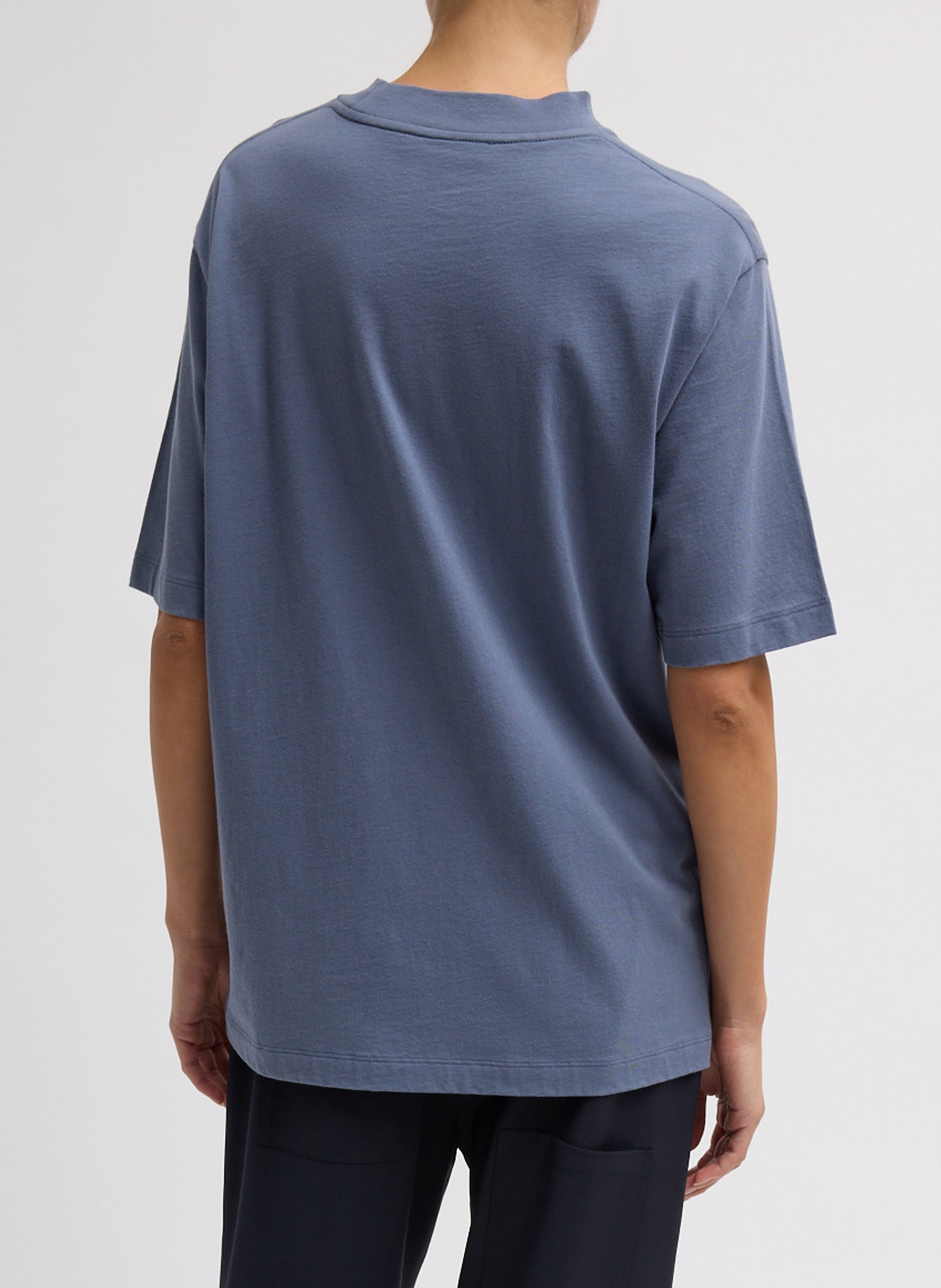 Dusty Navy Mock Neck Unisex T-Shirt - oversized t-shirt, back view on model