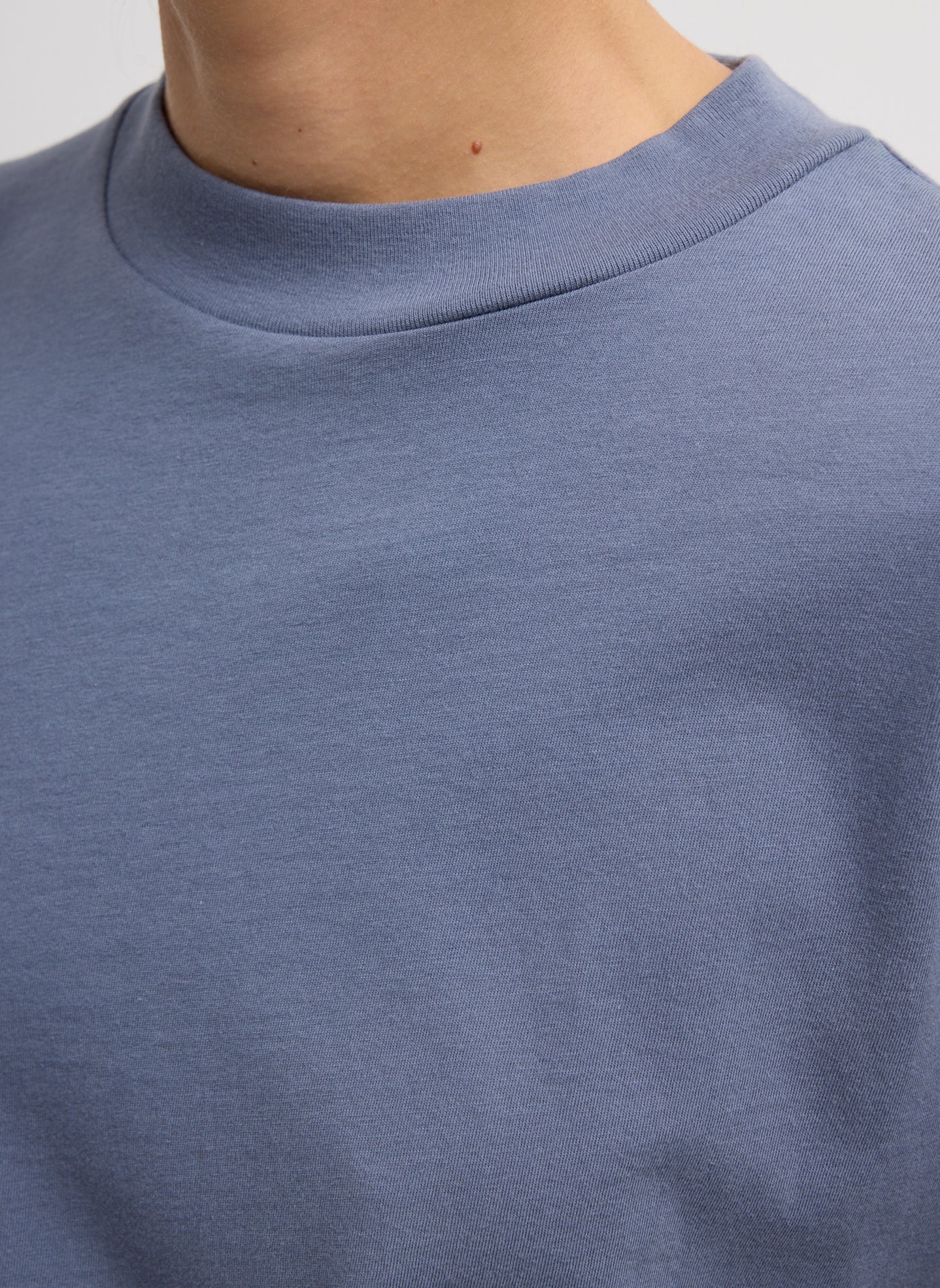 Dusty Navy Mock Neck Unisex T-Shirt - closeup of mock neckline