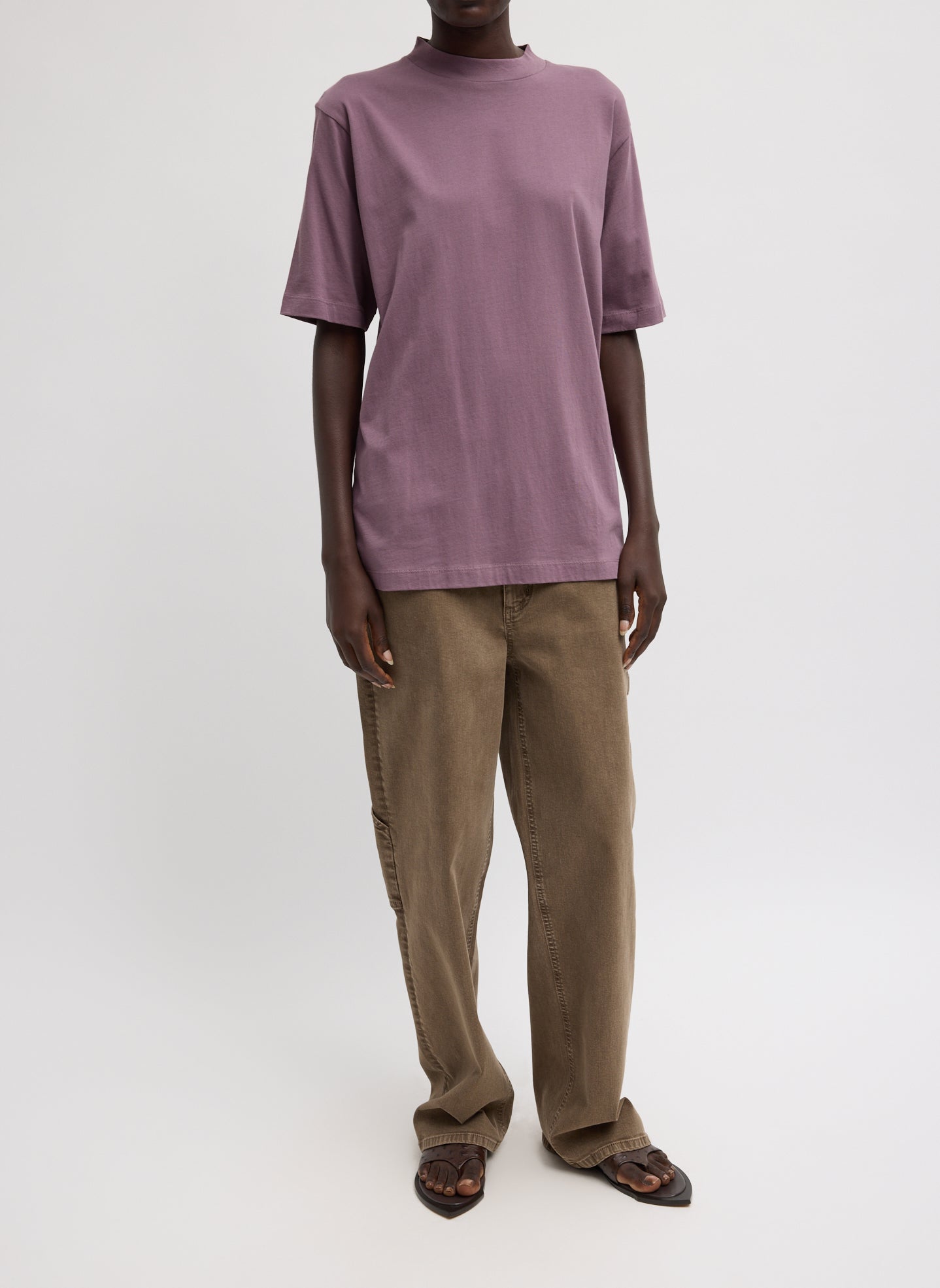 Plum Mock Neck Unisex T-Shirt - full look, front view on model