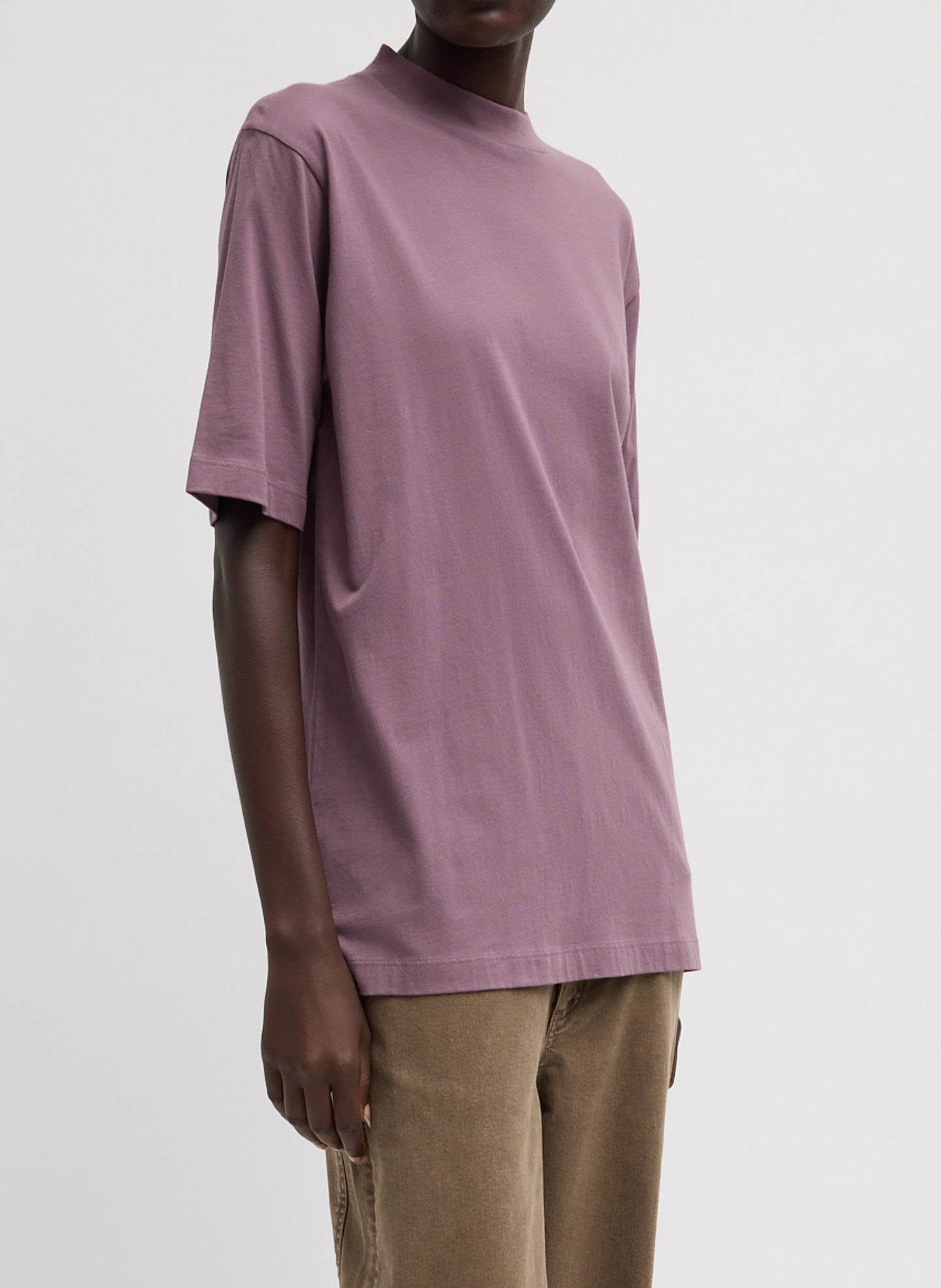 Plum Mock Neck Unisex T-Shirt - oversized t-shirt, side view on model