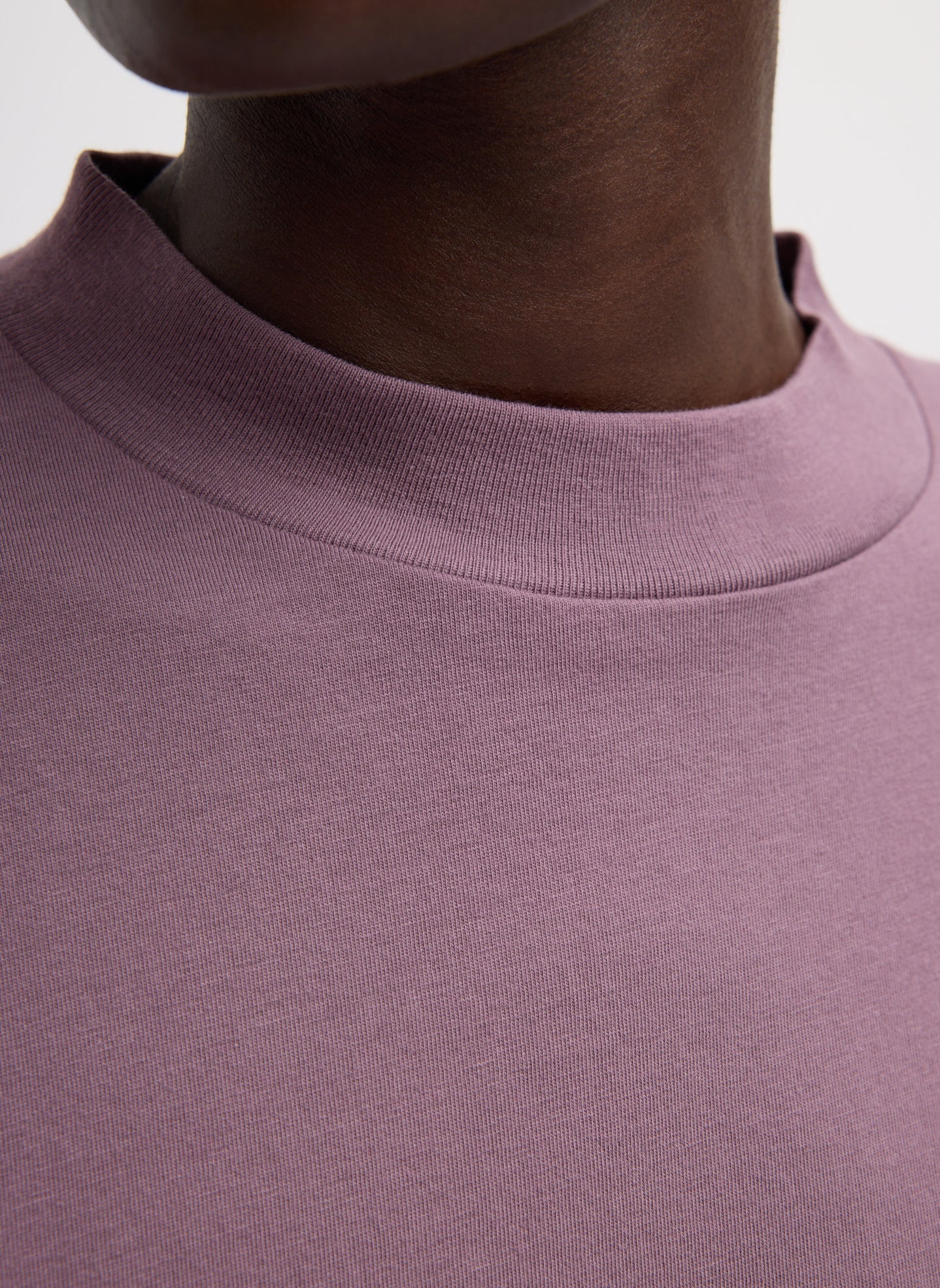 Plum Mock Neck Unisex T-Shirt - closeup of mock neckline