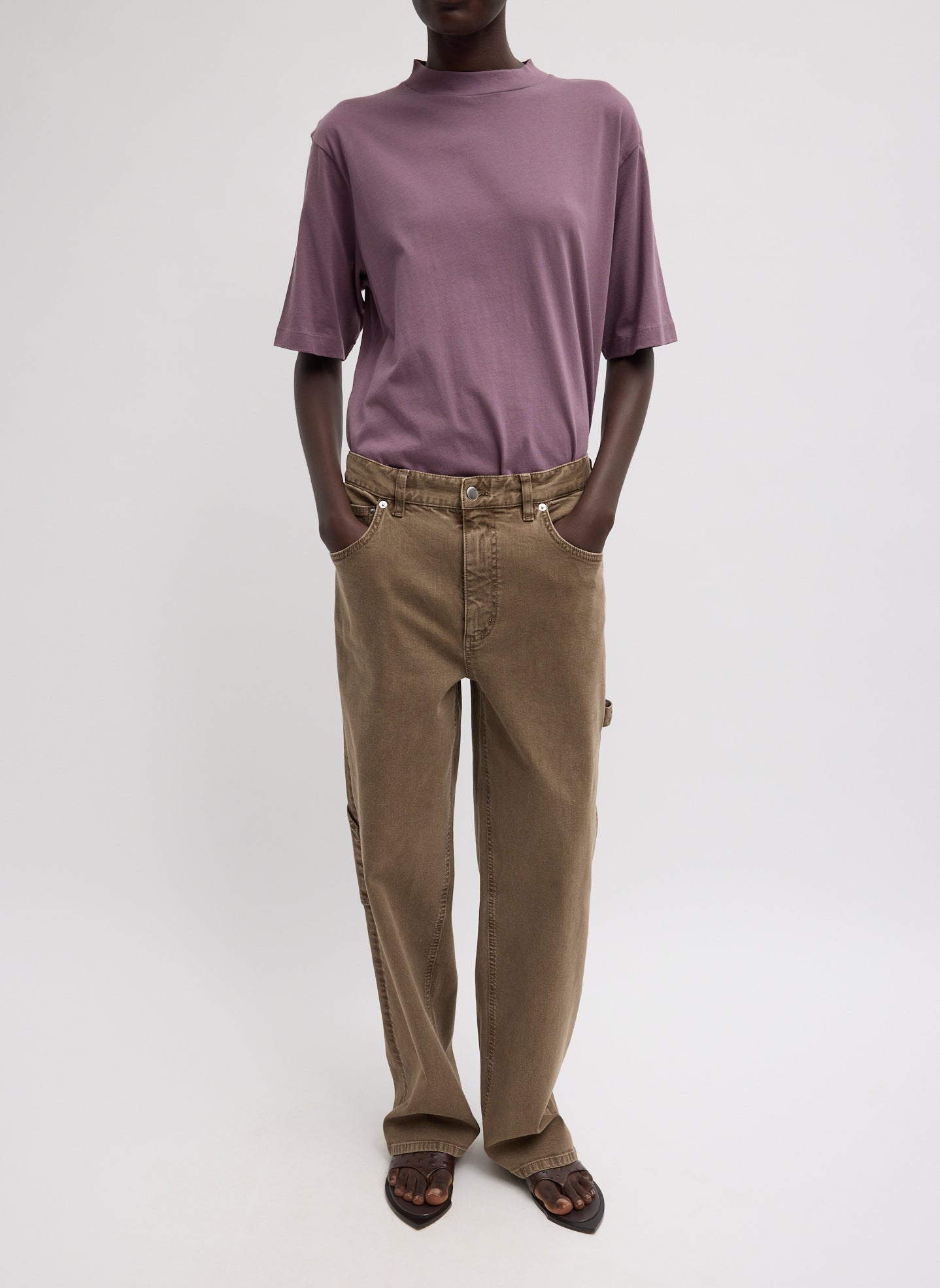 Plum Mock Neck Unisex T-Shirt - full look, front view on model