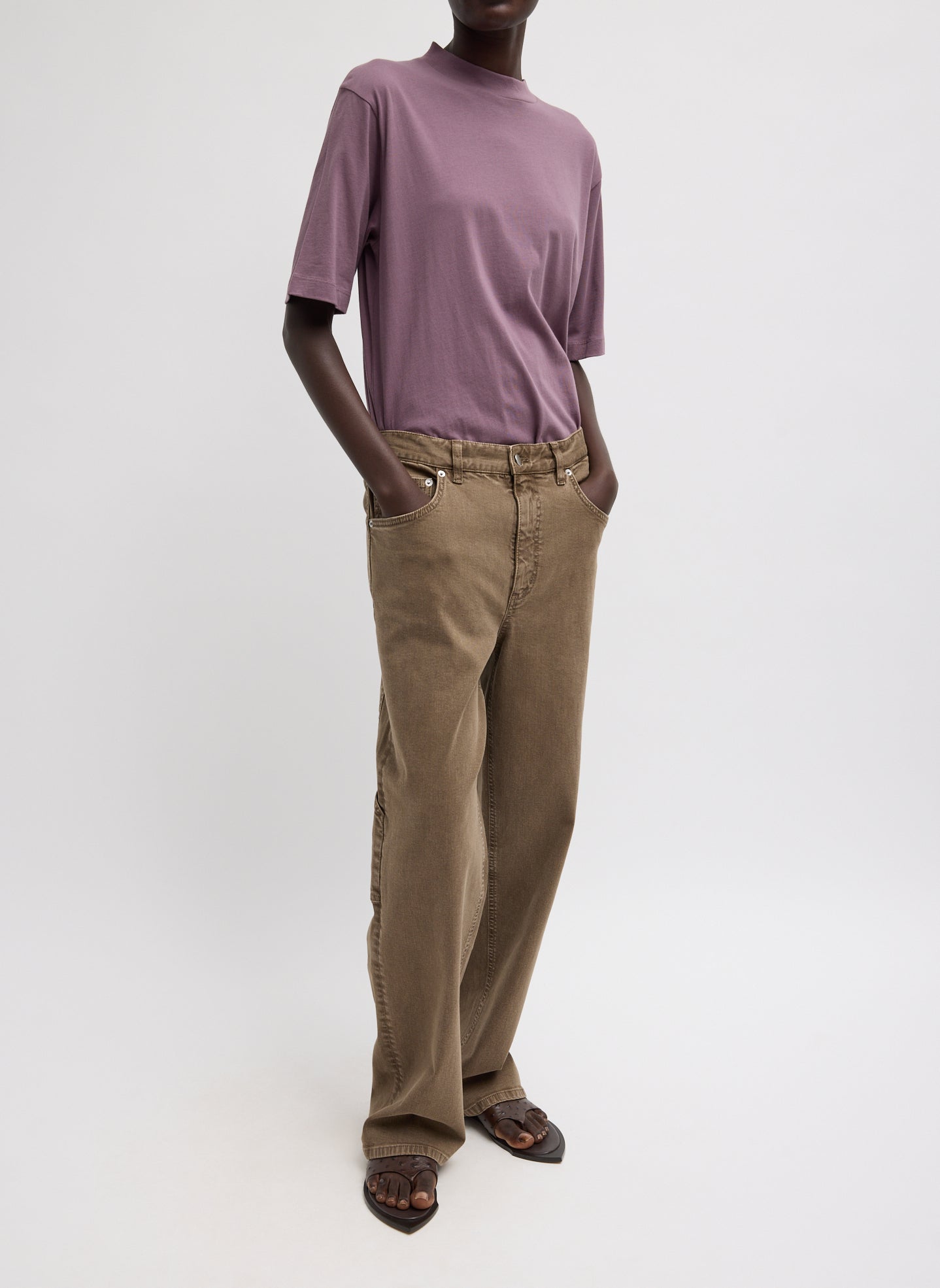 Plum Mock Neck Unisex T-Shirt - full look, front view on model