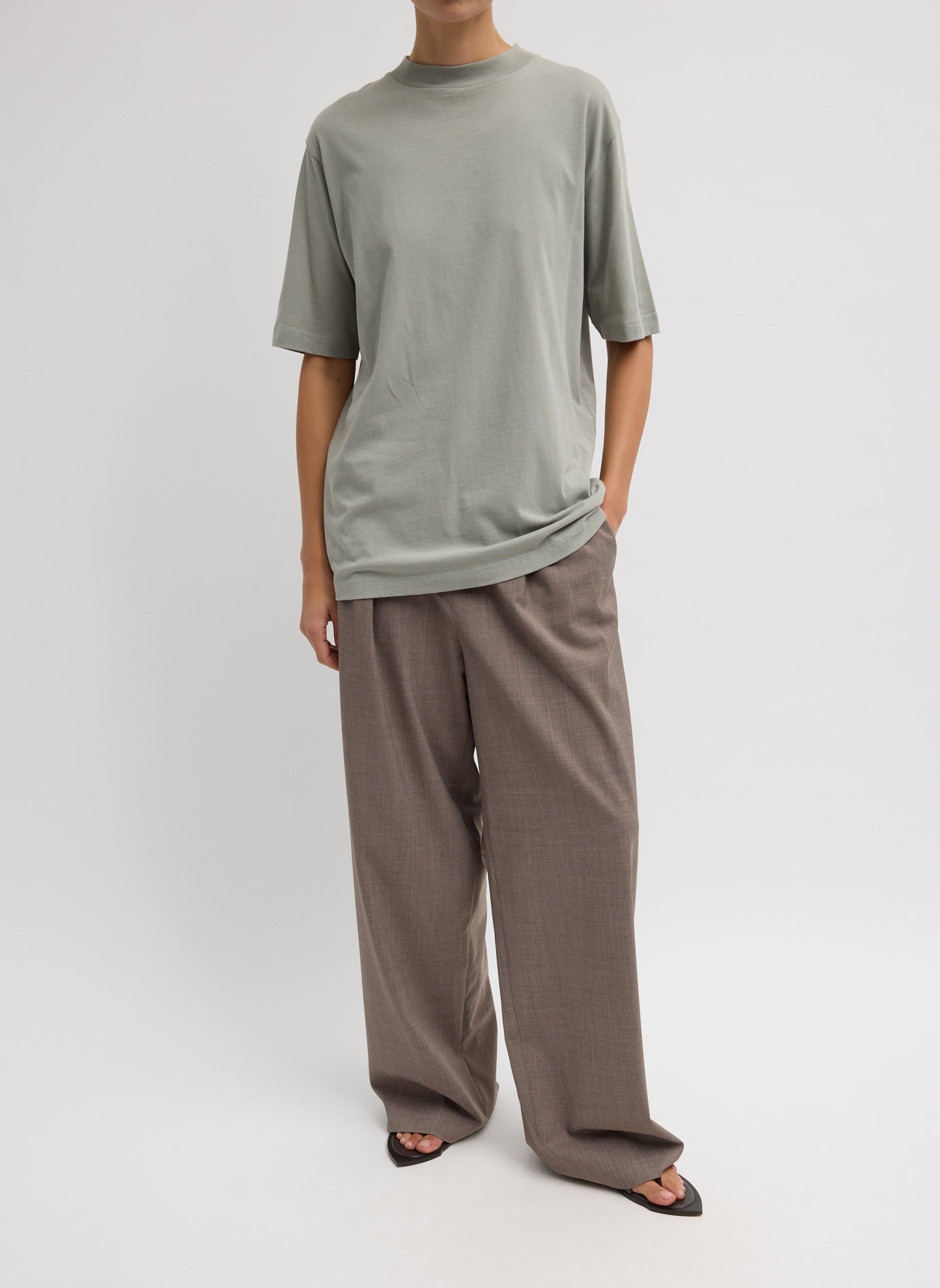 Pumice Grey Mock Neck Unisex T-Shirt - full look, front view on model