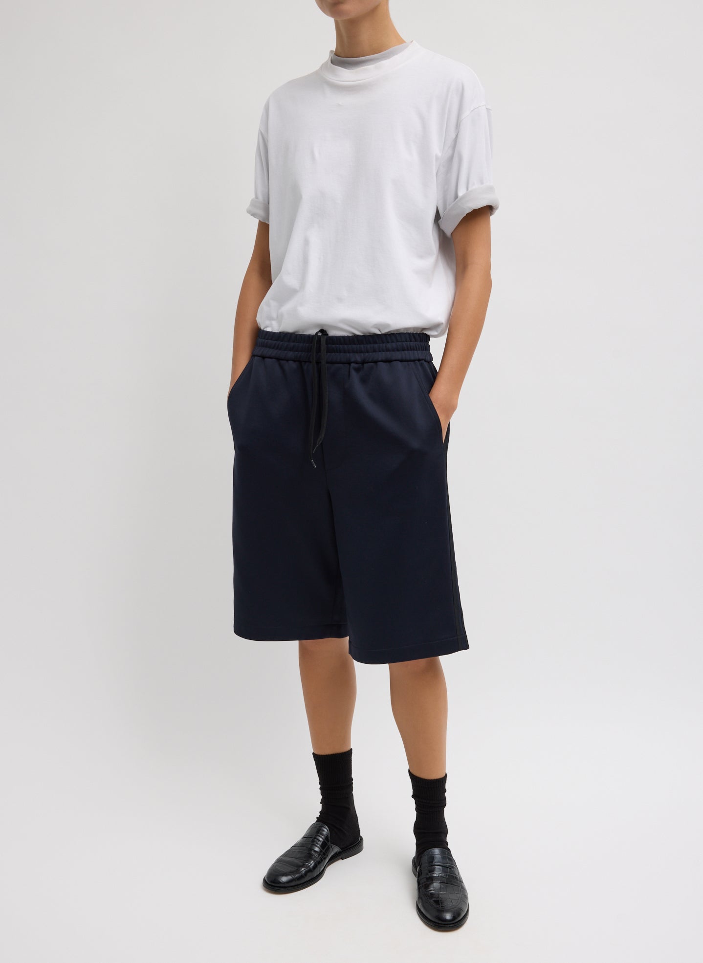 White Mock Neck Unisex T-Shirt - oversized t-shirt, full look