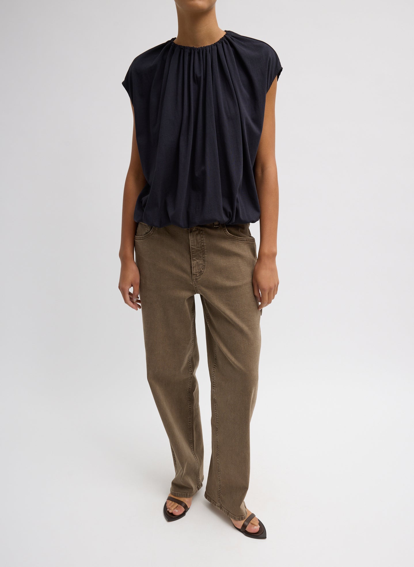 Dark Navy T-Shirt Program Shirred Neck Sleeveless Top - full look, front view on model