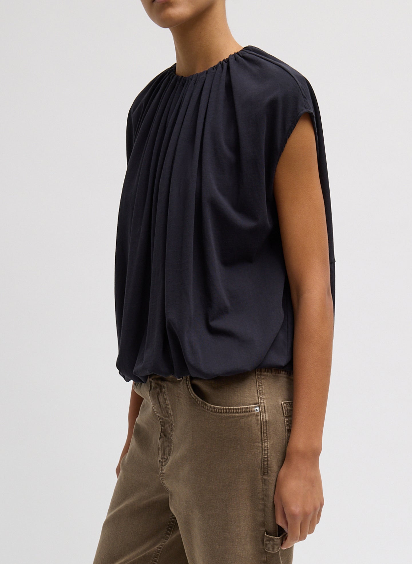 Dark Navy T-Shirt Program Shirred Neck Sleeveless Top - side view on model