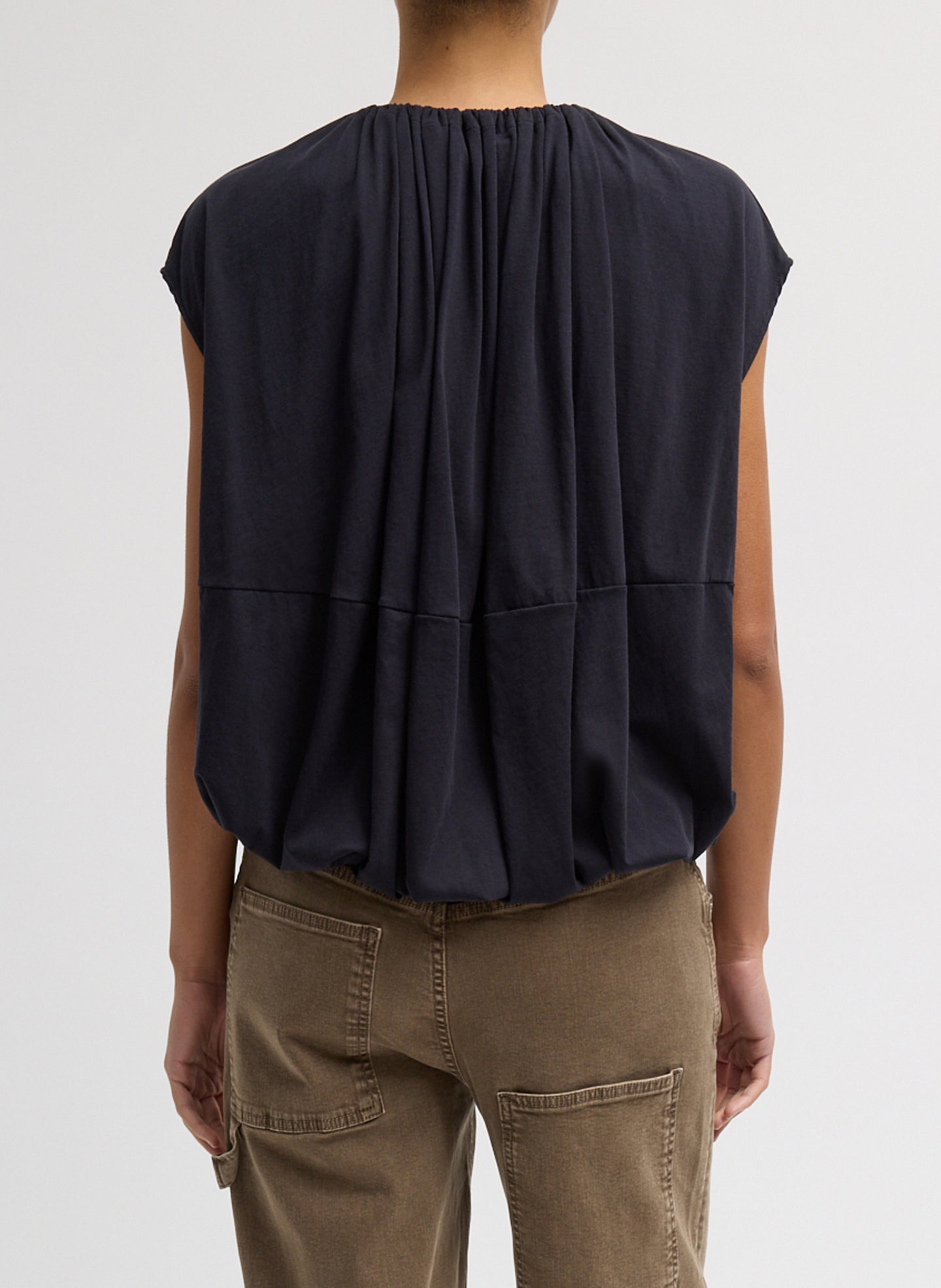 Dark Navy T-Shirt Program Shirred Neck Sleeveless Top - back view on model