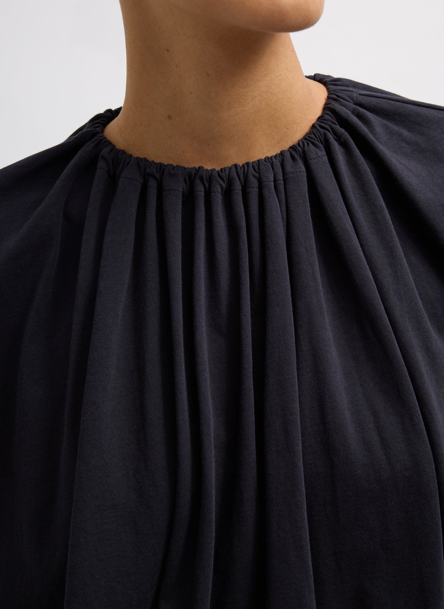 Dark Navy T-Shirt Program Shirred Neck Sleeveless Top - closeup of shirred neckline