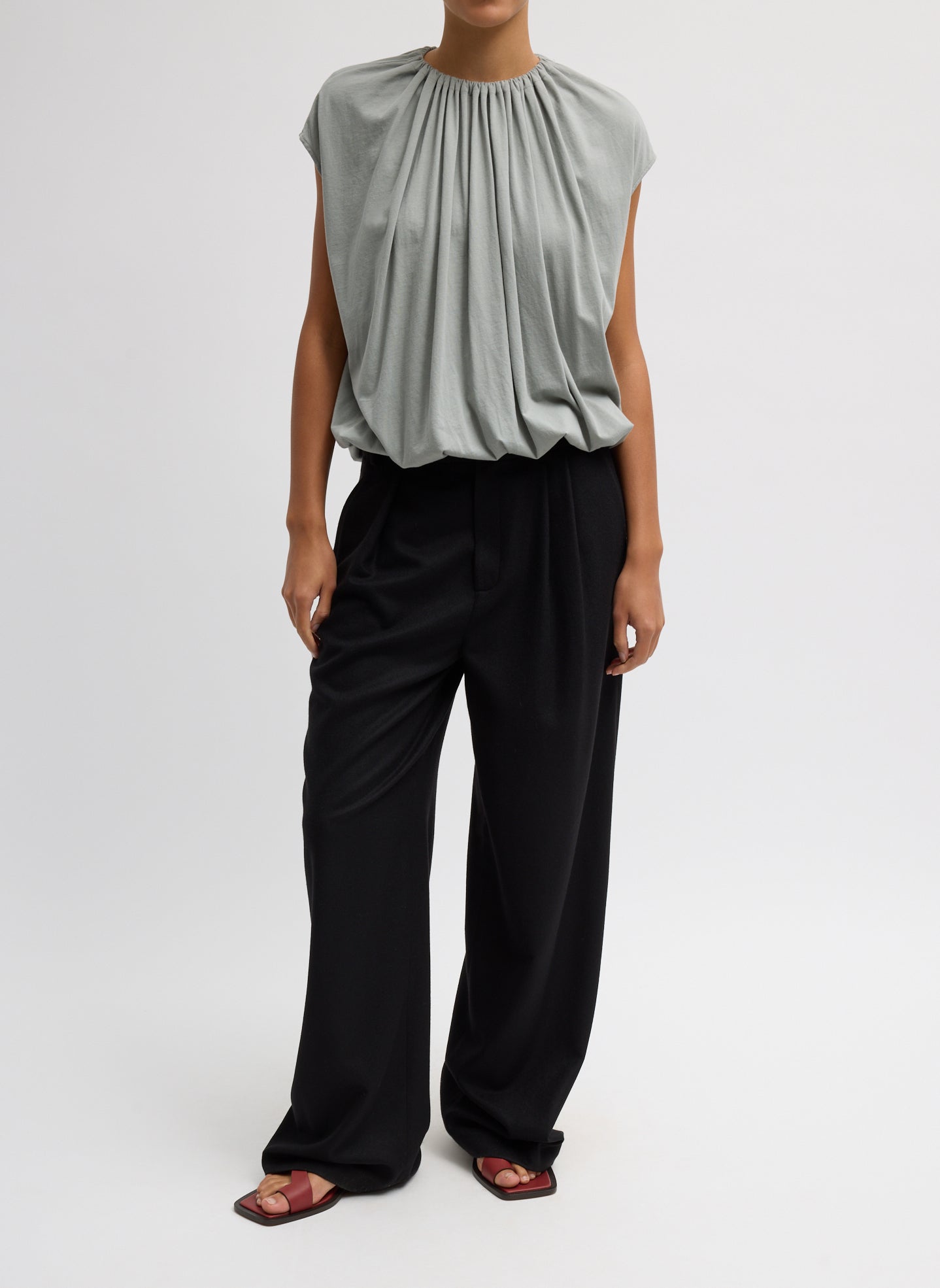 Pumice Grey T-Shirt Program Shirred Neck Sleeveless Top - full look, front view on model