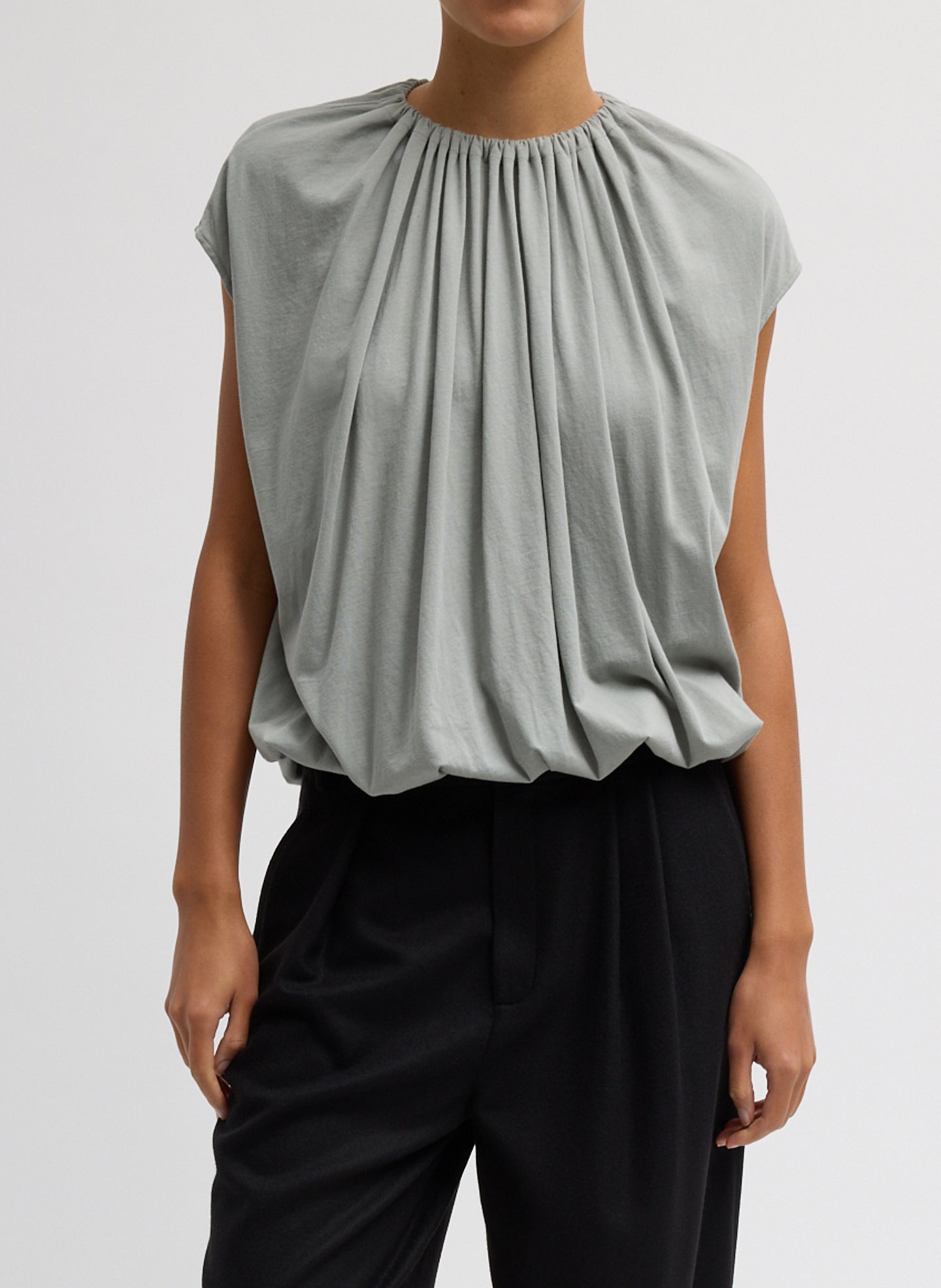 Pumice Grey T-Shirt Program Shirred Neck Sleeveless Top - front view on model