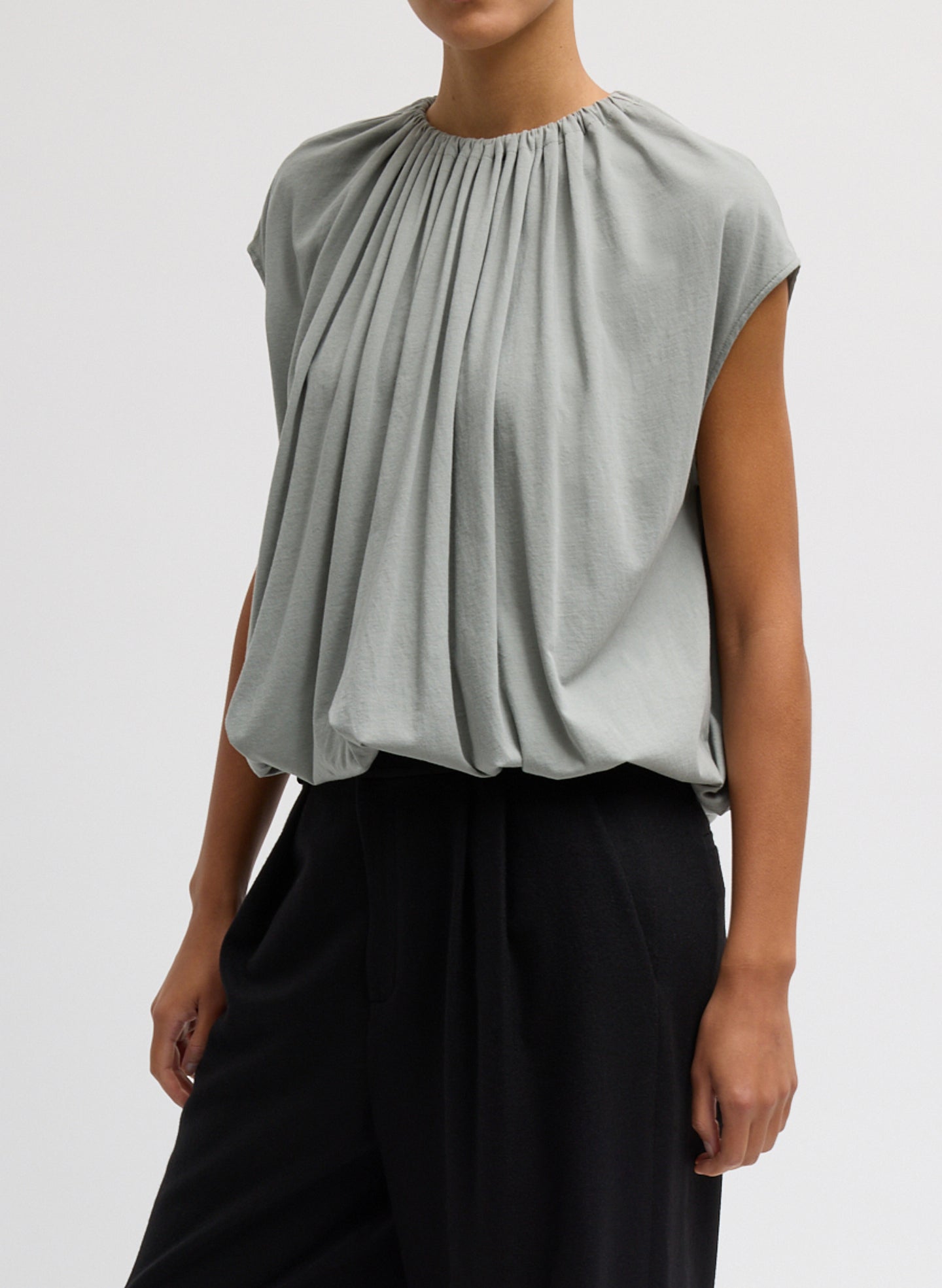 Pumice Grey T-Shirt Program Shirred Neck Sleeveless Top - side view on model