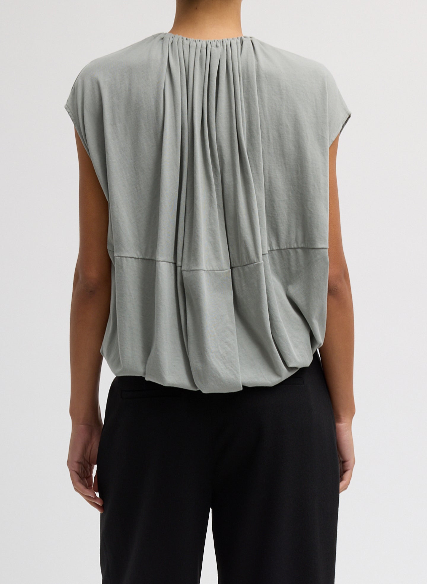 Pumice Grey T-Shirt Program Shirred Neck Sleeveless Top - back view on model