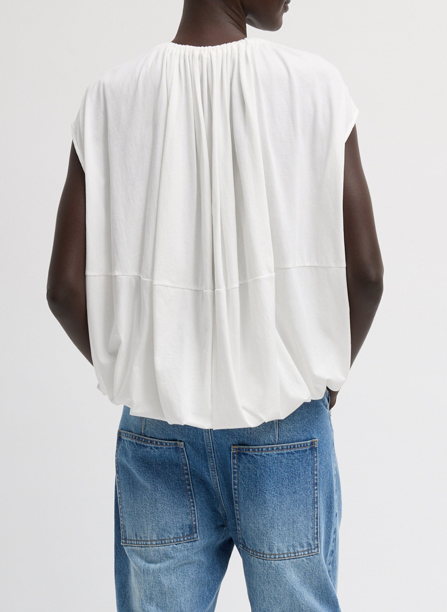 White T-Shirt Program Shirred Neck Sleeveless Top - back view on model