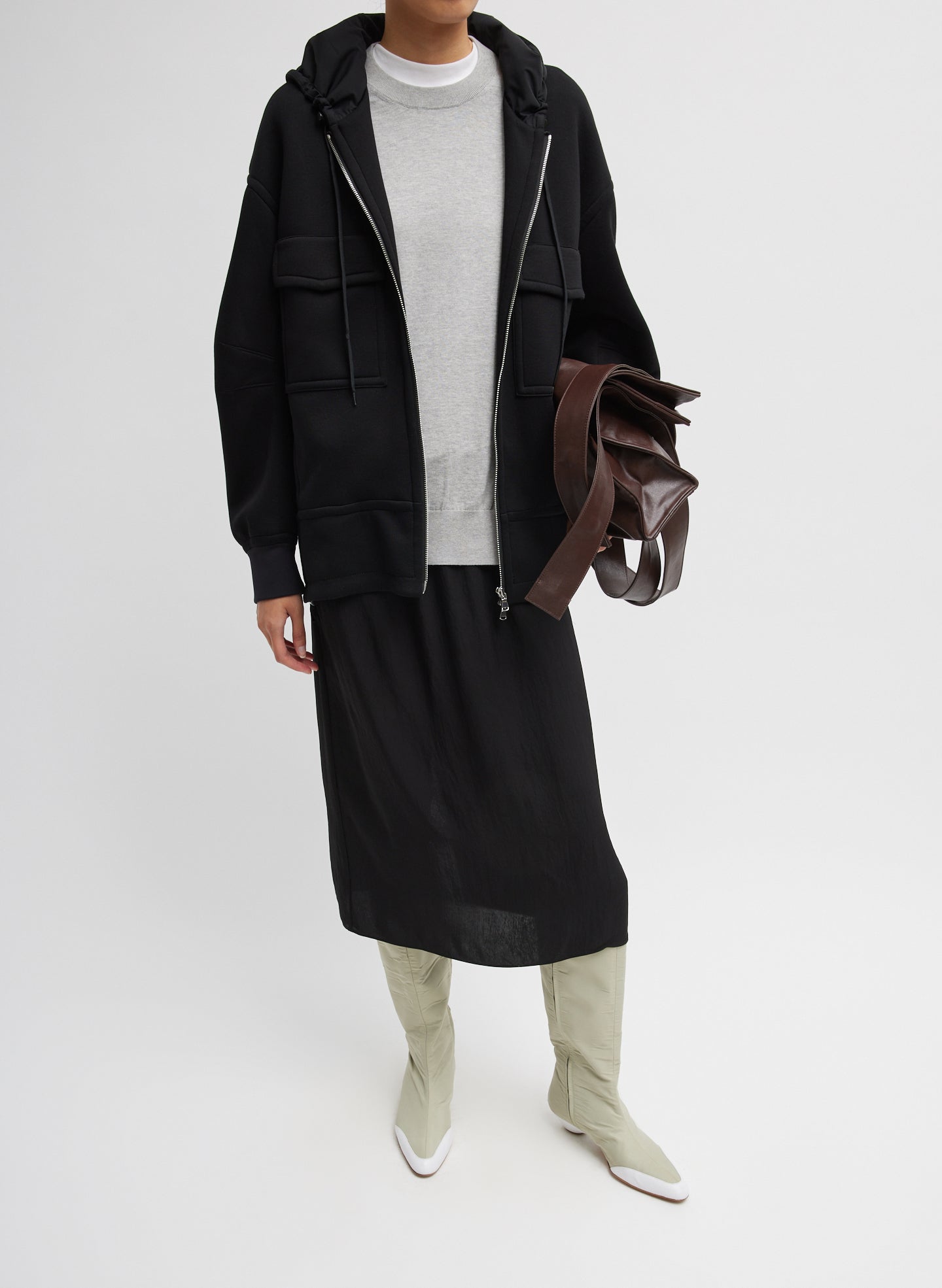 Black Techy Viscose Zip Up Hoodie - full look, unzipped, front view on model
