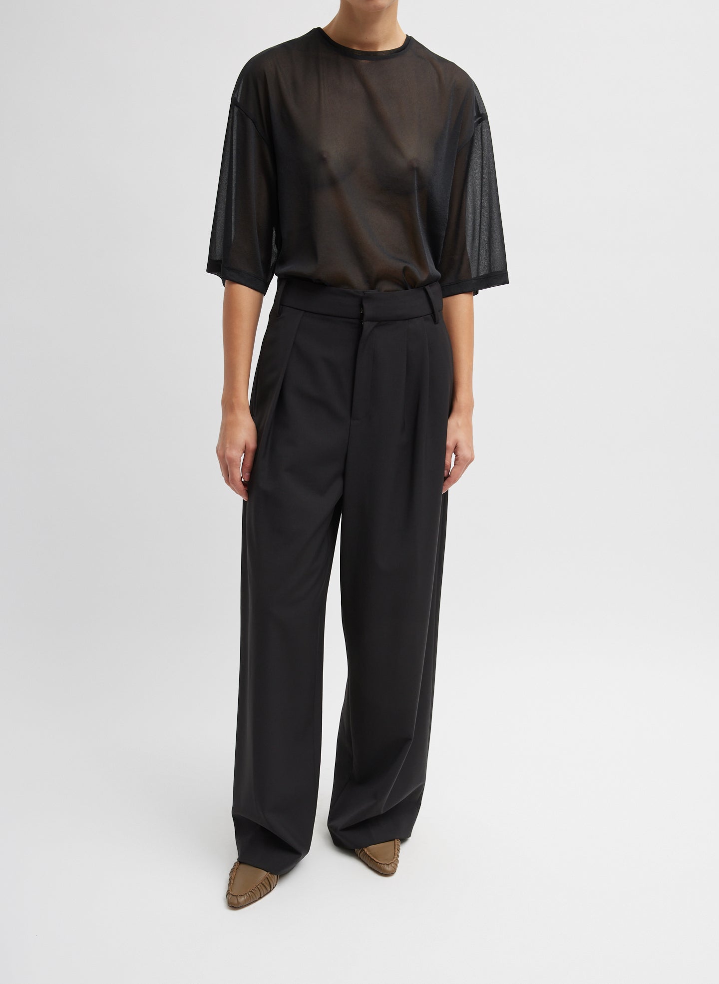 Black Tropical Wool Stella Pant - full look, front view on model