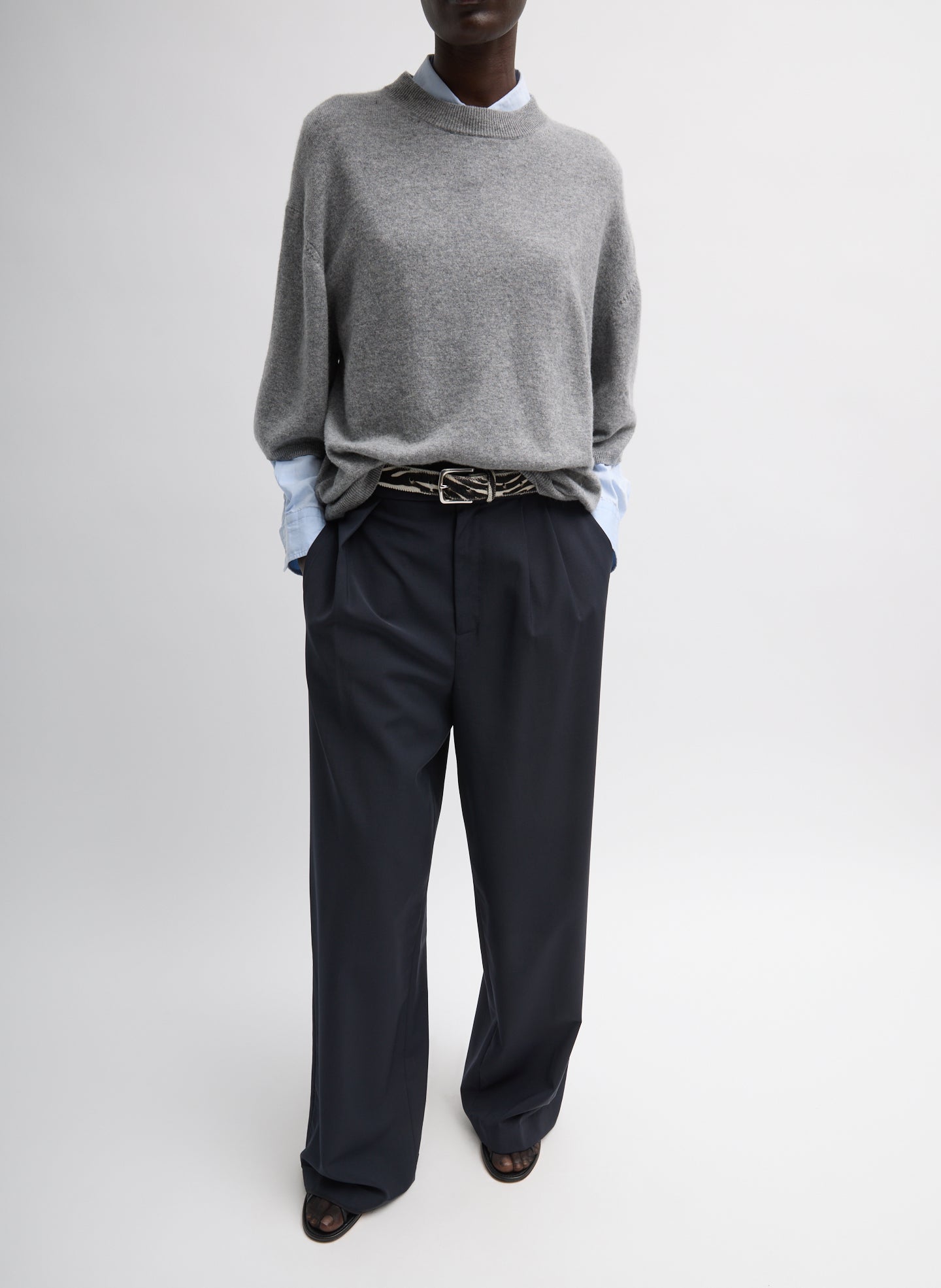 Navy Tropical Wool Stella Pant - pleated trouser, front view on model