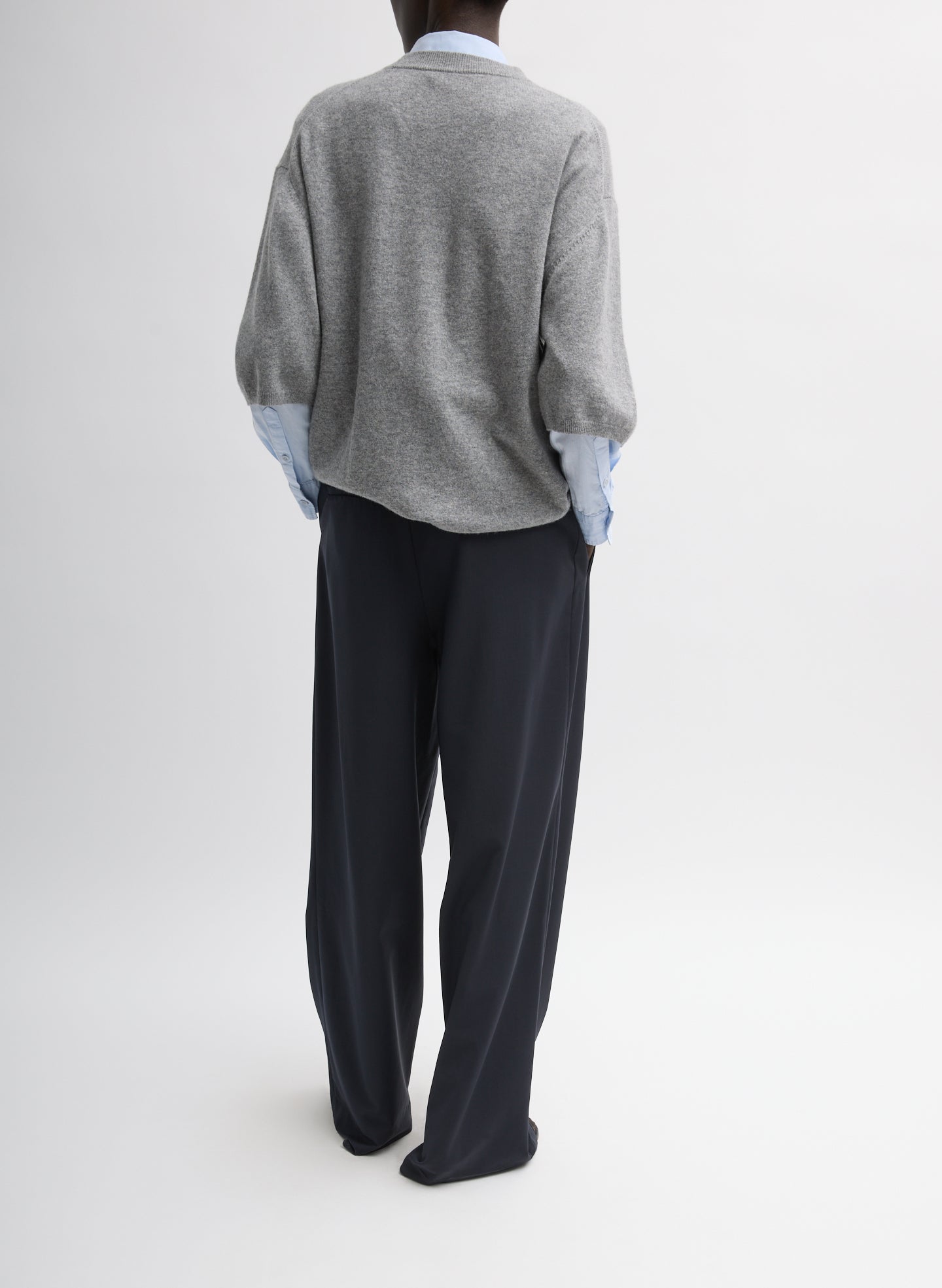 Navy Tropical Wool Stella Pant - pleated trouser, back view on model