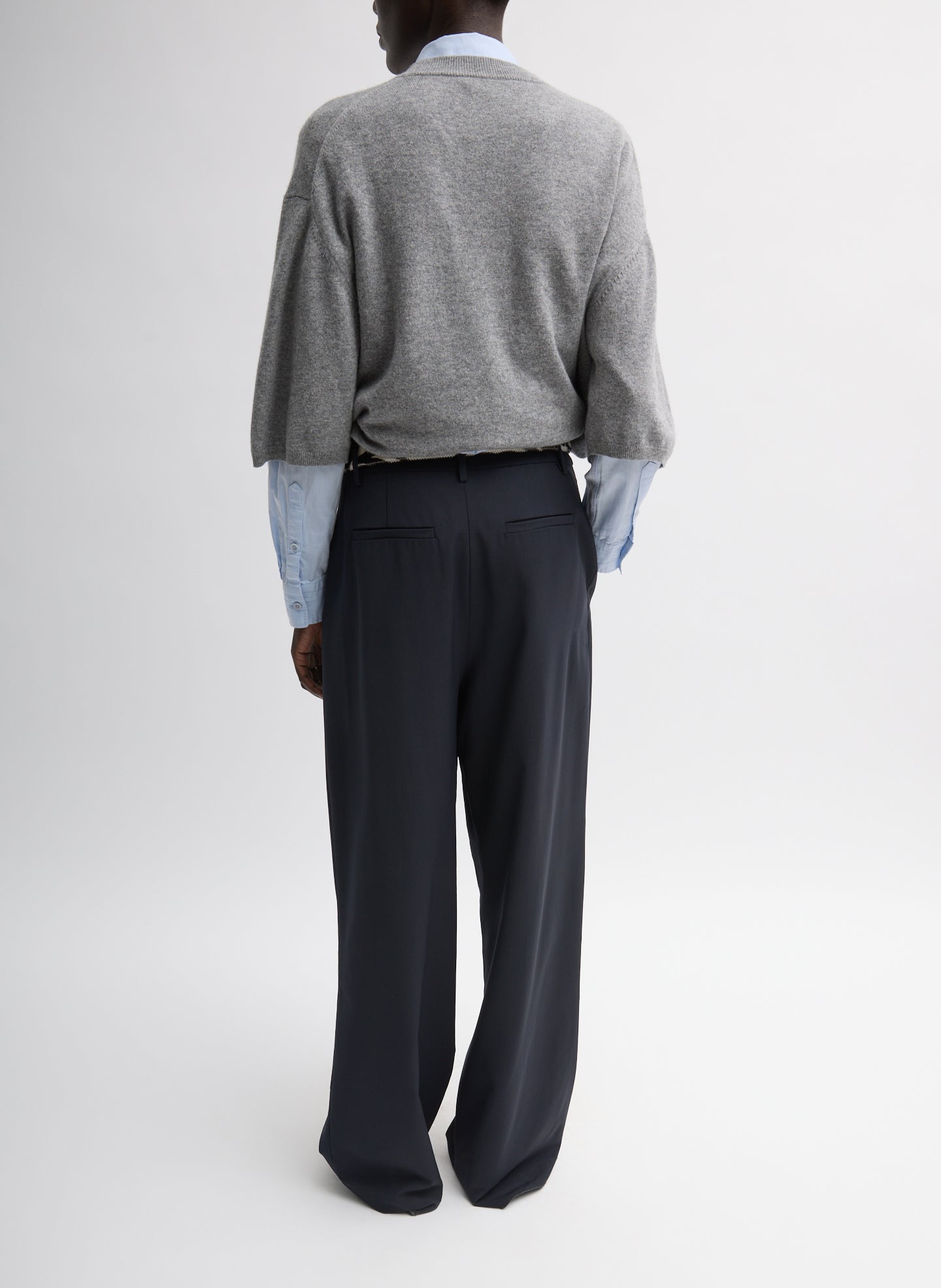 Navy Tropical Wool Stella Pant - pleated trouser, back view on model