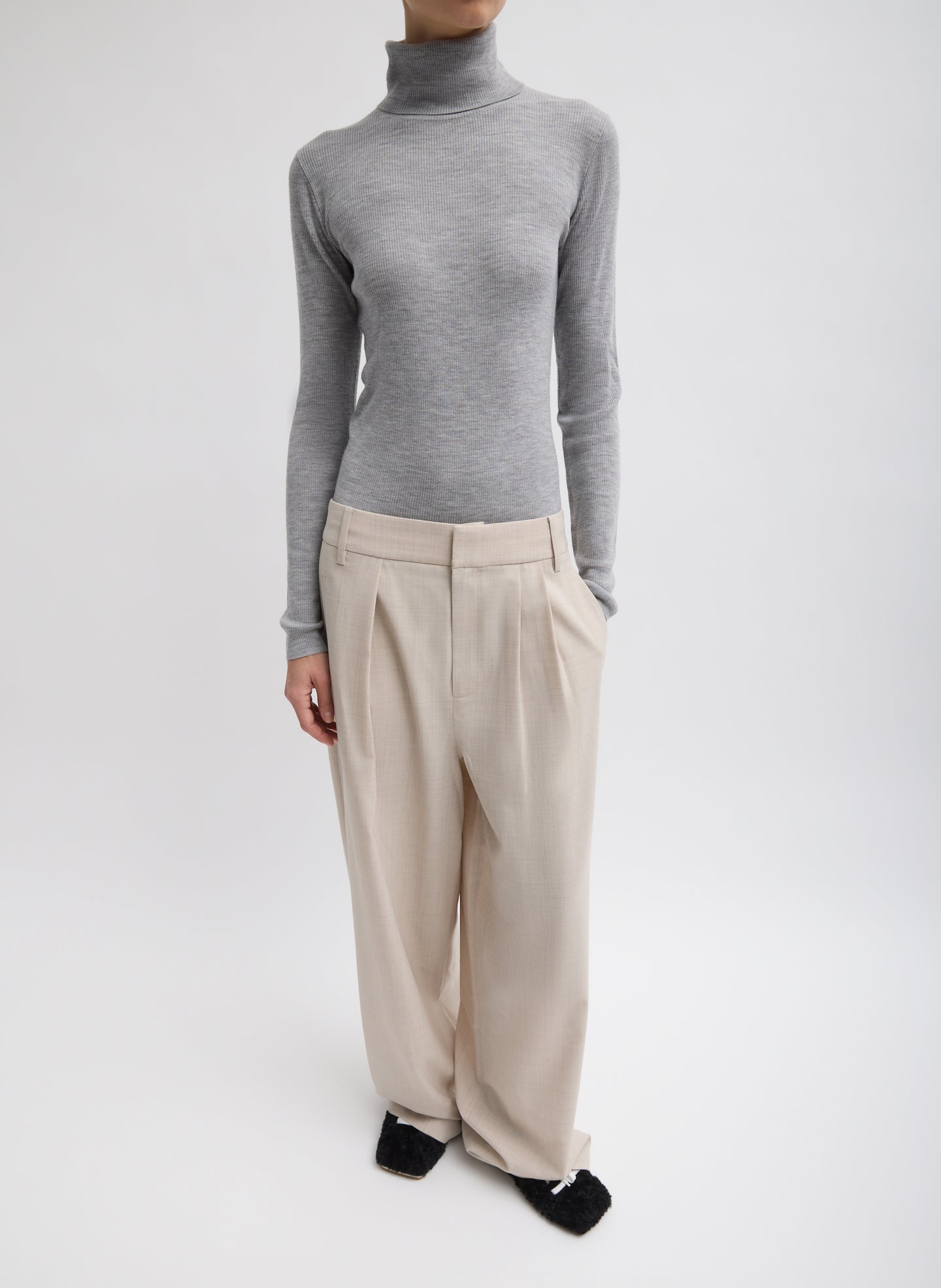 Oatmeal Melange Tropical Wool Stella Pant - pleated trouser, front view on model