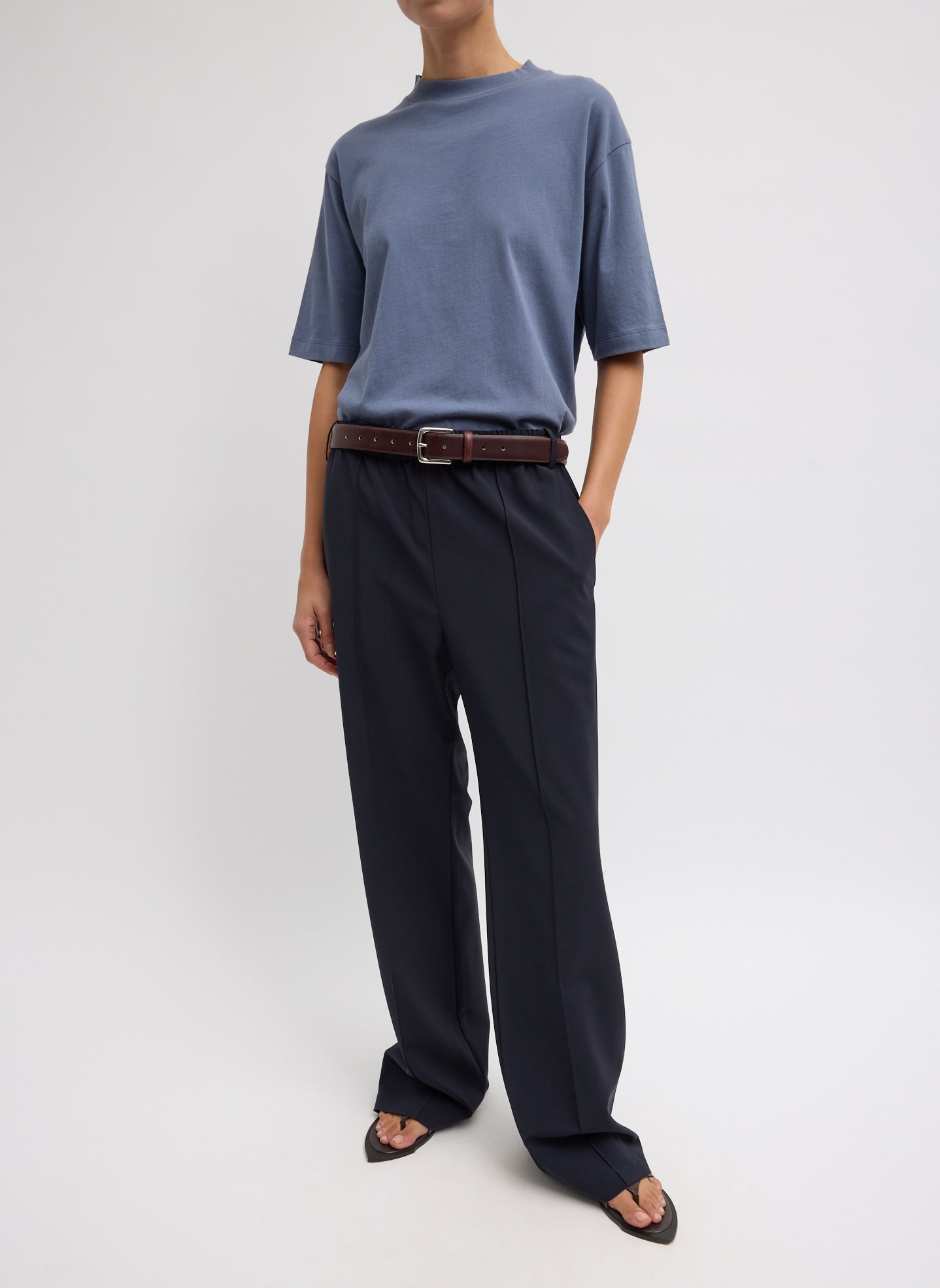 Navy Tropical Wool Scottie Jogger - front view on model