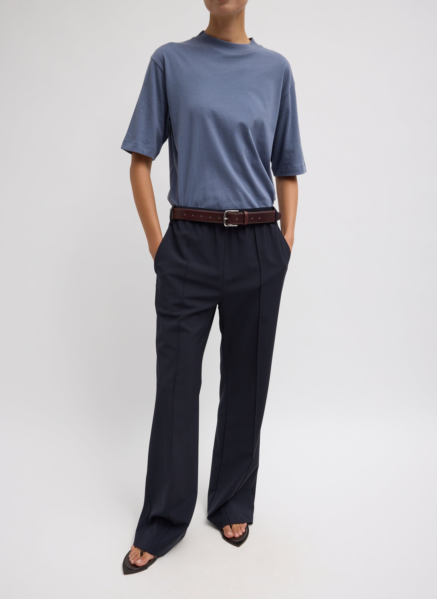 Navy Tropical Wool Scottie Jogger - front view on model