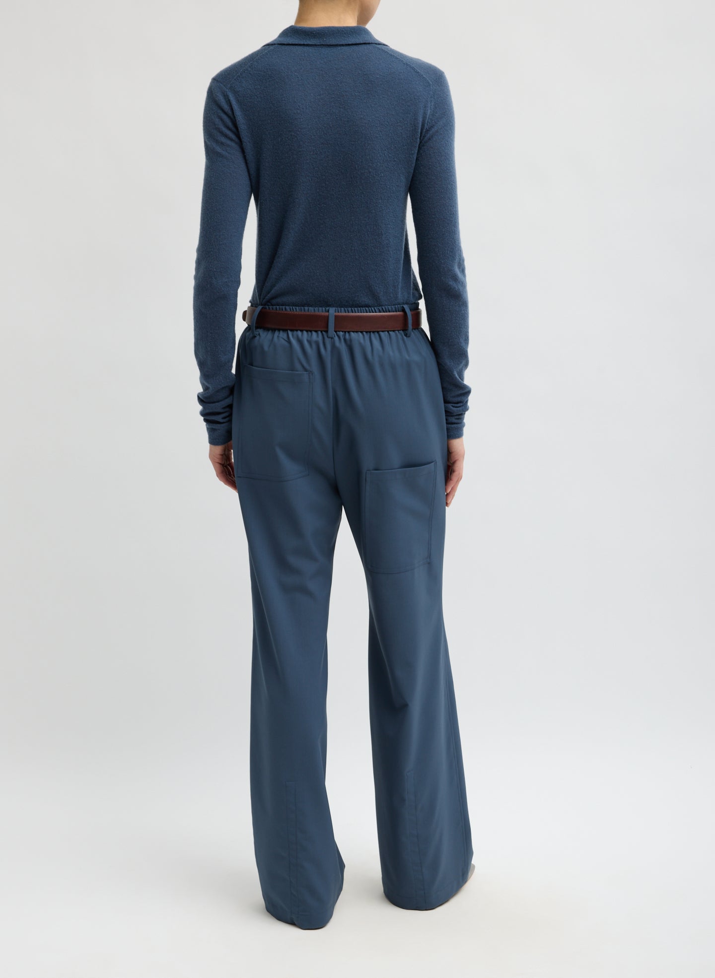 Blue Fog Tropical Wool Charles Trouser - pull on trouser, back view on model