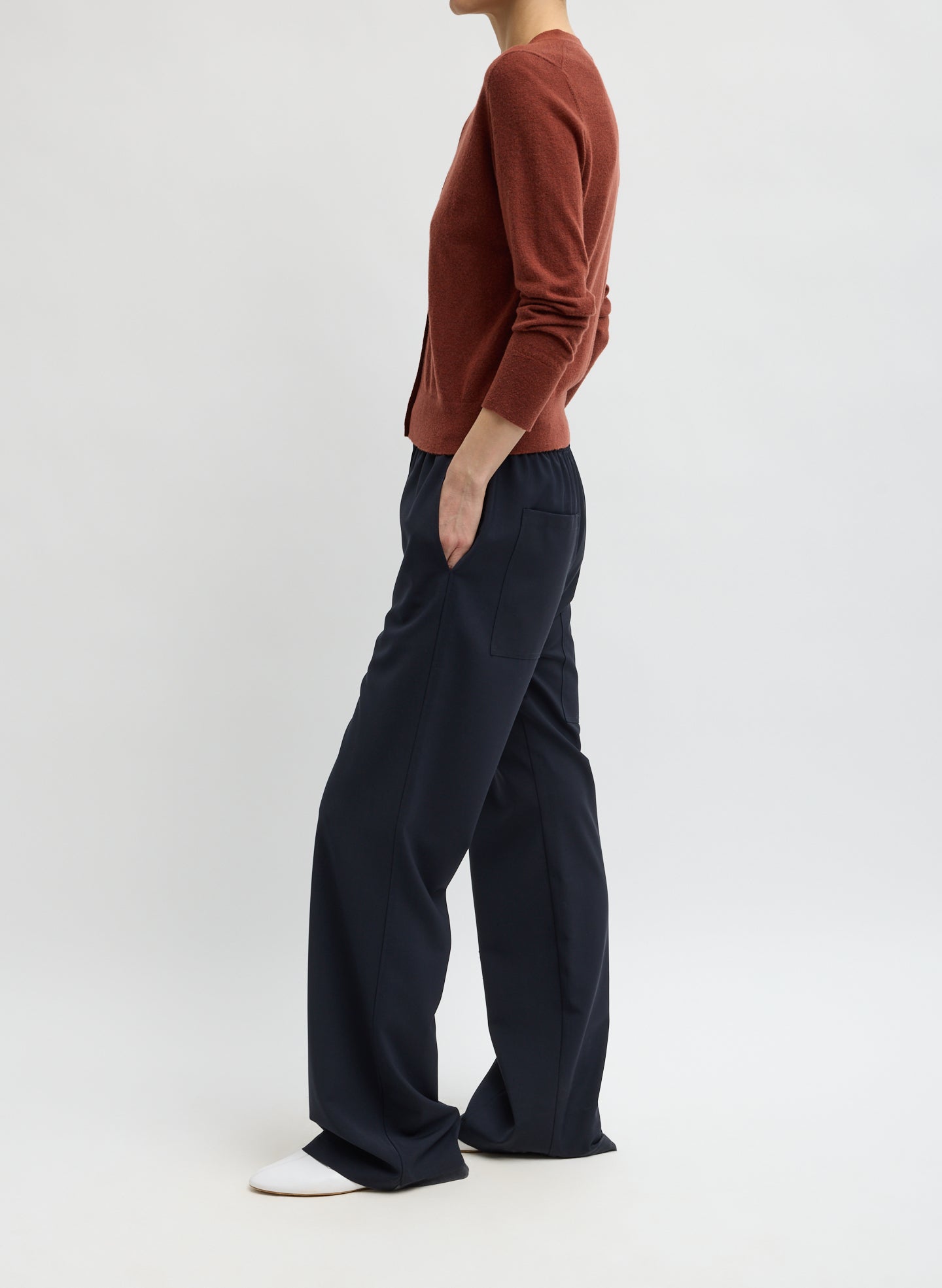 Navy Tropical Wool Charles Trouser - pull on trouser, side view on model