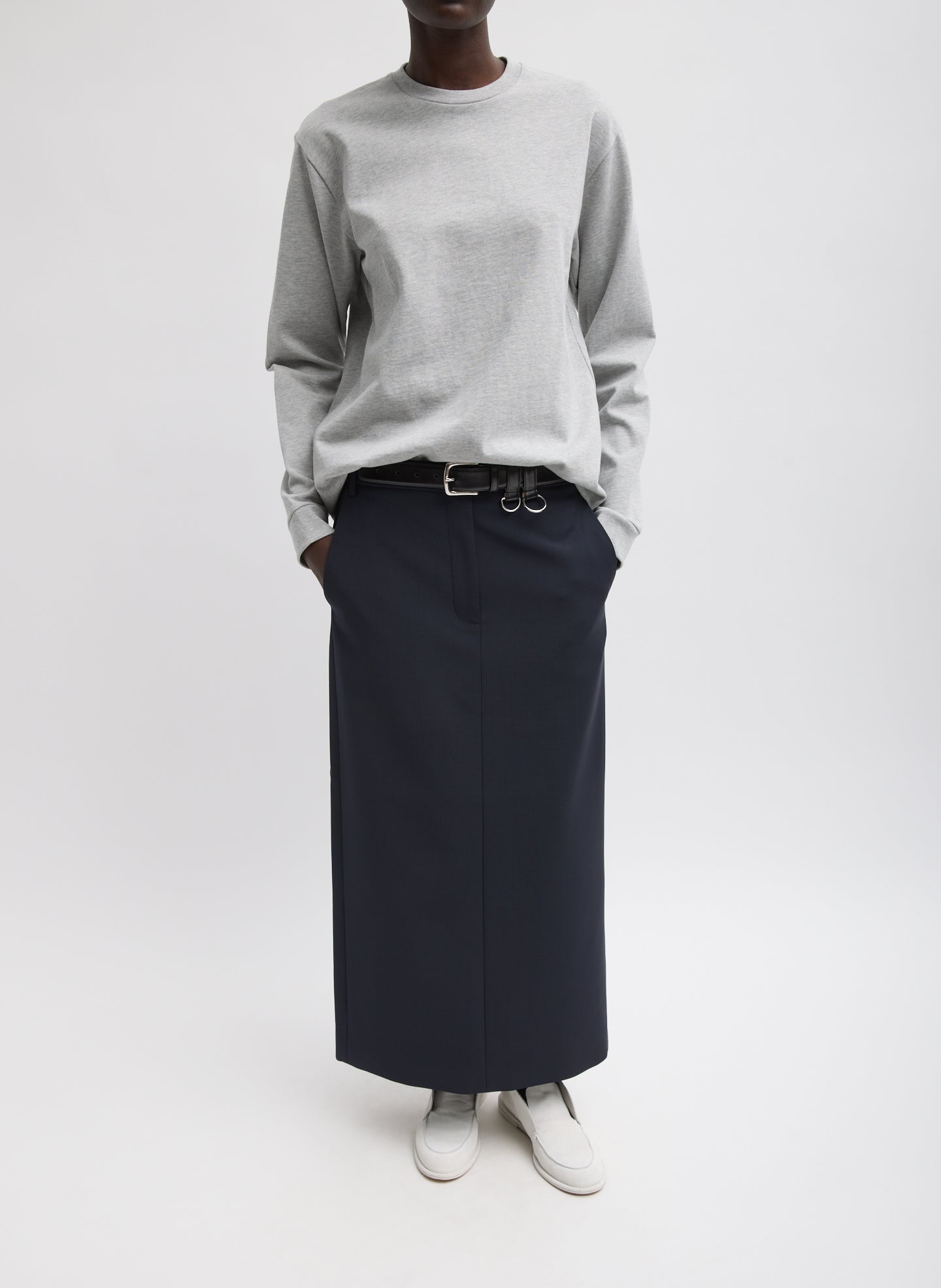 Navy Tropical Wool Maxi Trouser Skirt - full look, front view on model